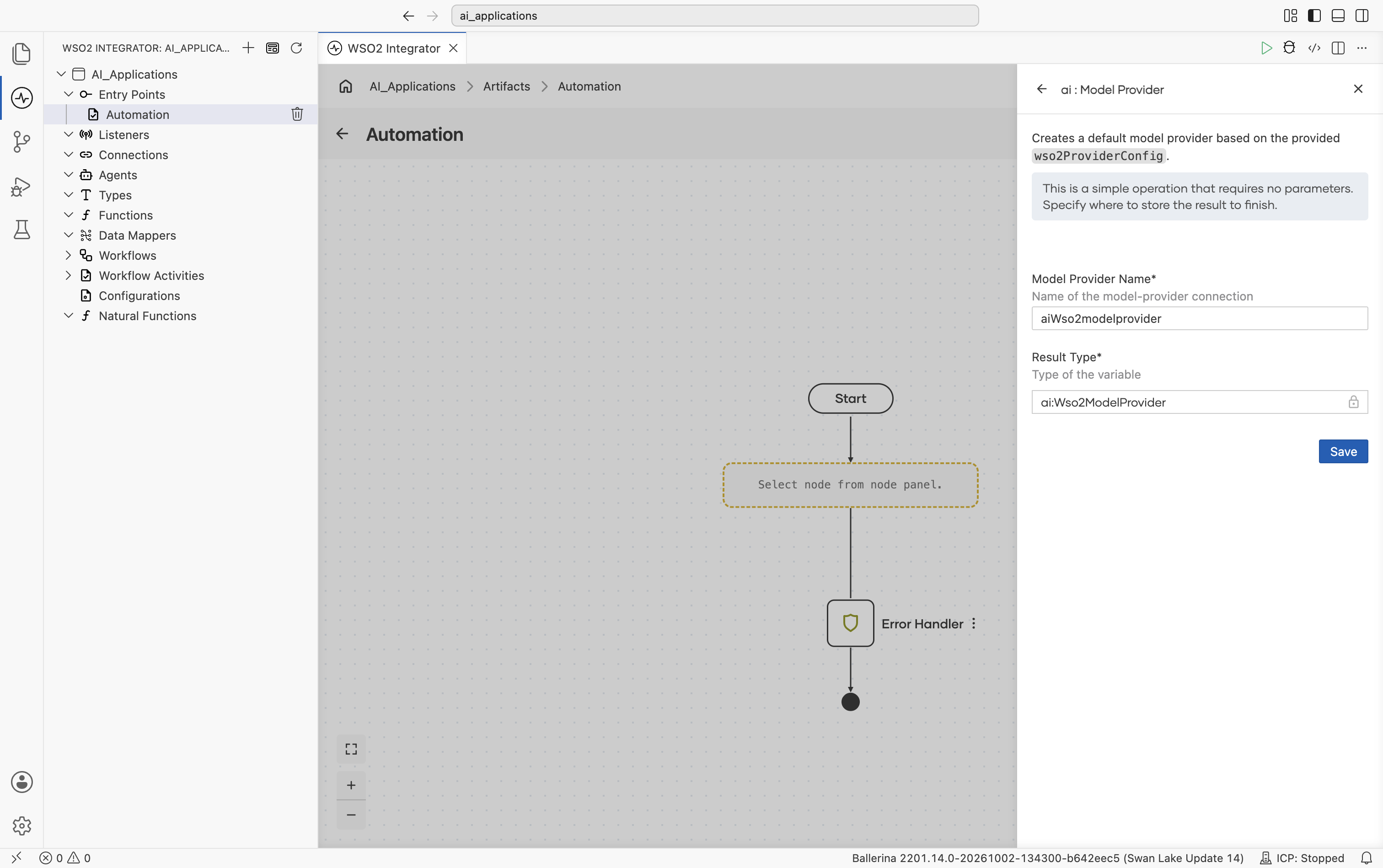 Create Model Provider form for the Default WSO2 provider. Header reads 'Creates a default model provider based on the provided wso2ProviderConfig'. Banner: 'This is a simple operation that requires no parameters. Specify where to store the result to finish.' Two fields: Model Provider Name (default aiWso2modelprovider) and Result Type (locked to ai:Wso2ModelProvider). Save button.