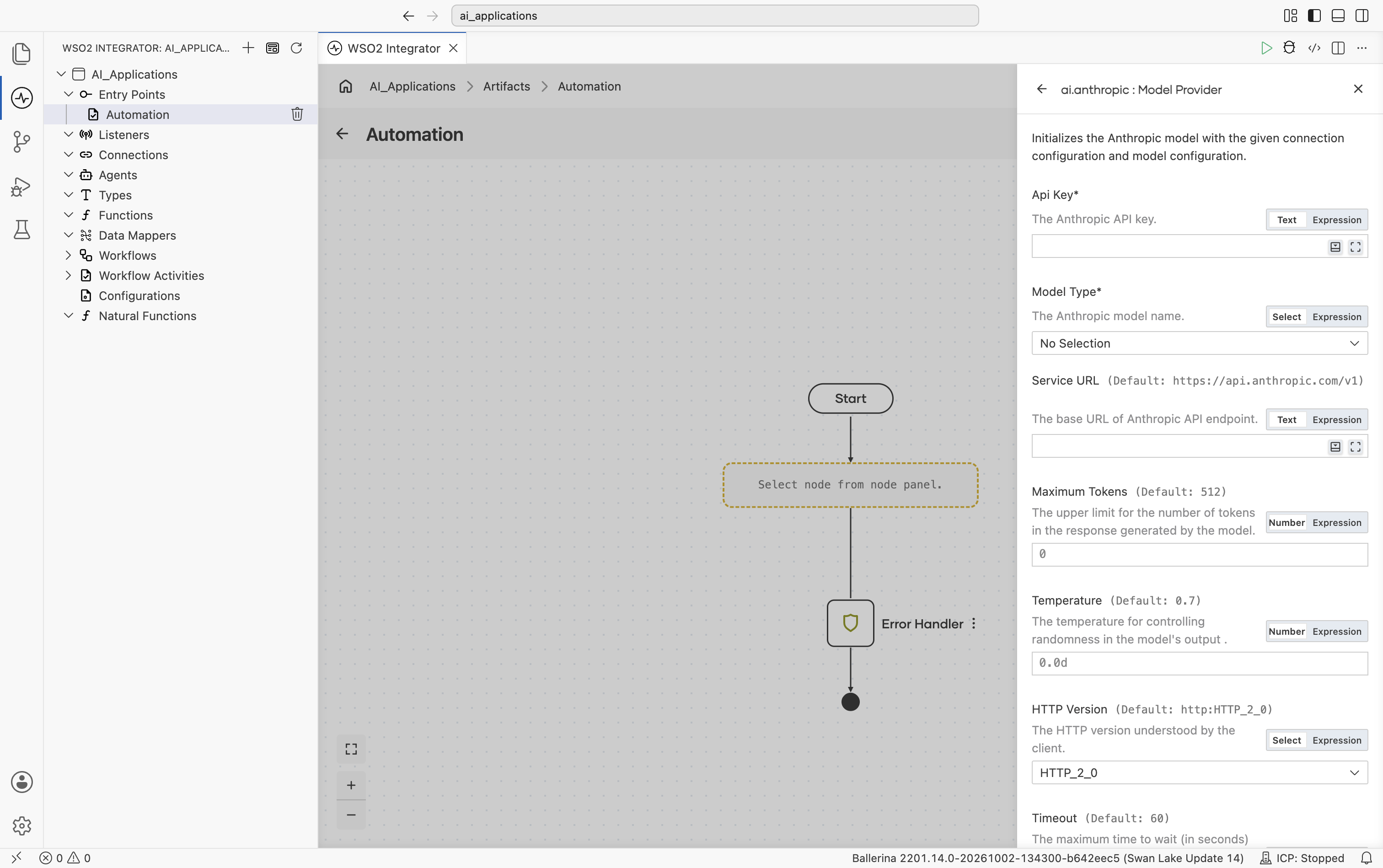 Create Model Provider form for Anthropic showing API Key, Model Type (No Selection), Service URL (default https://api.anthropic.com/v1), Maximum Tokens (default 512), Temperature (default 0.7), HTTP Version (default HTTP_2_0), and the start of Timeout.