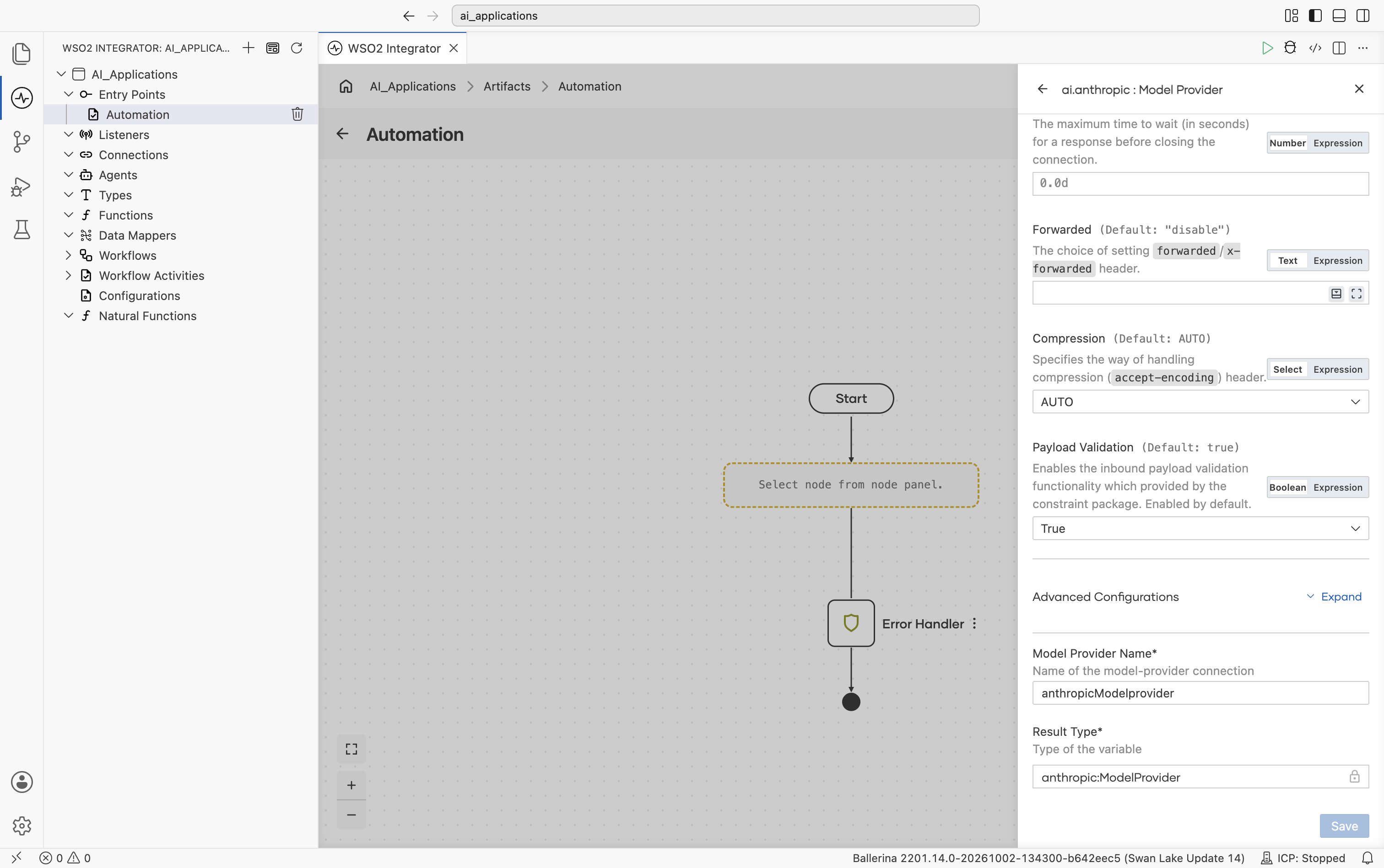 Bottom of the Anthropic Create Model Provider form showing Forwarded, Compression, Payload Validation, the collapsed Advanced Configurations toggle, Model Provider Name set to anthropicModelprovider, and Result Type locked to anthropic:ModelProvider.