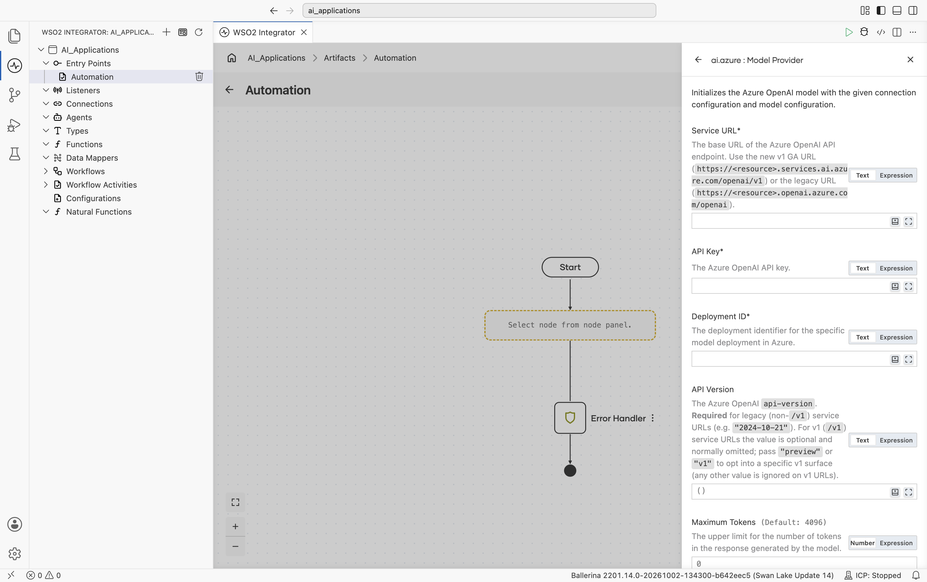 Create Model Provider form for Azure OpenAI showing four required fields: Service URL, API Key, Deployment ID, and API Version, with the start of Maximum Tokens below.