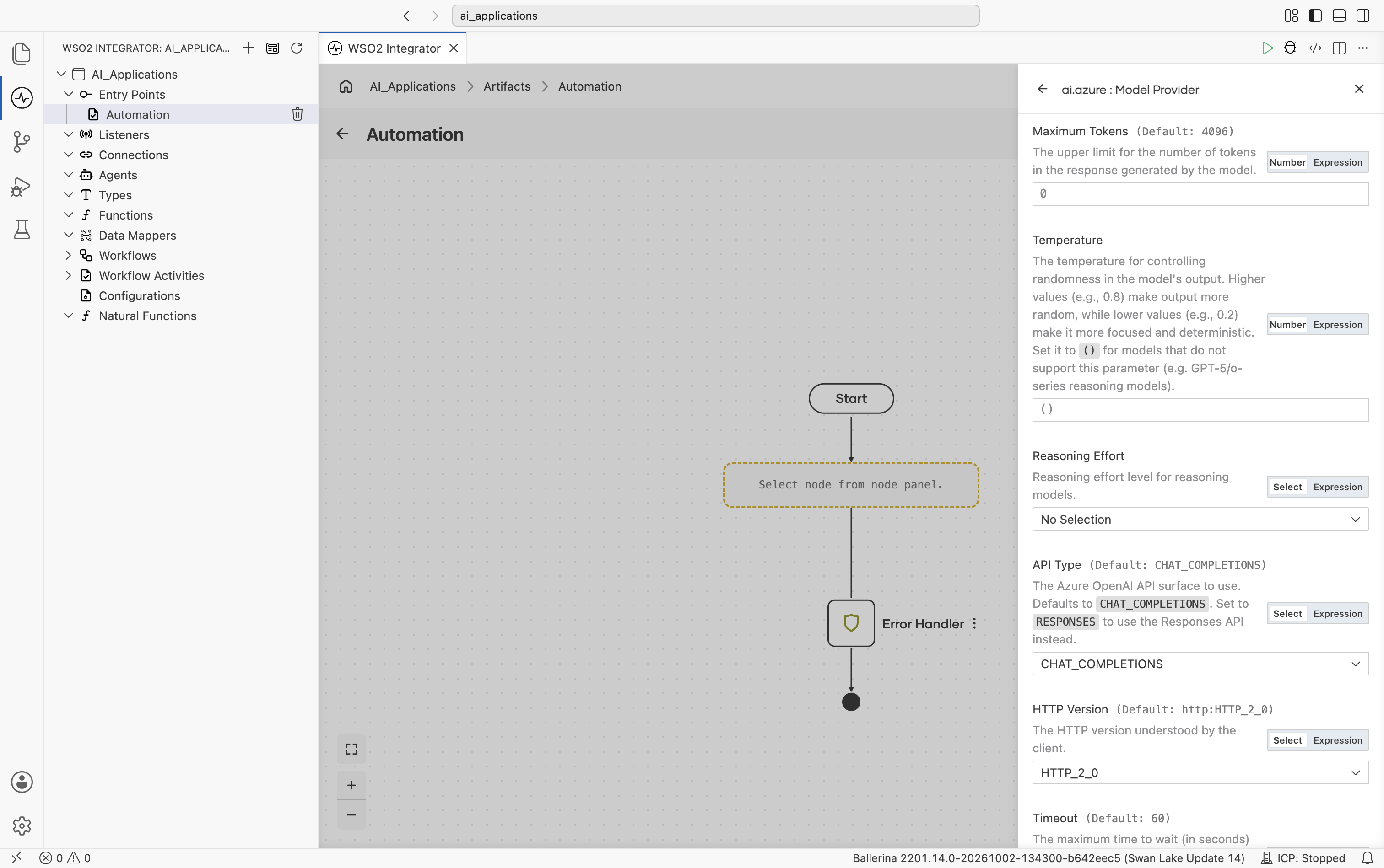 Azure OpenAI Create Model Provider form showing Maximum Tokens (default 4096), Temperature with its tooltip about GPT-5/o-series reasoning models, Reasoning Effort (No Selection), API Type (default CHAT_COMPLETIONS), HTTP Version (default HTTP_2_0), and the start of Timeout.