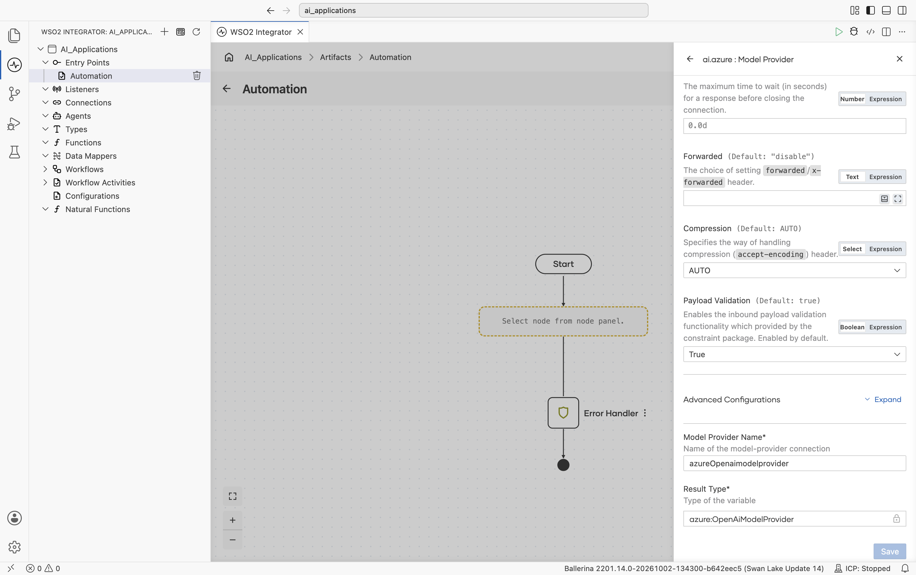 Bottom of the Azure OpenAI Create Model Provider form showing Timeout, Forwarded, Compression, Payload Validation, the collapsed Advanced Configurations toggle, Model Provider Name set to azureOpenaimodelprovider, and Result Type locked to azure:OpenAiModelProvider.