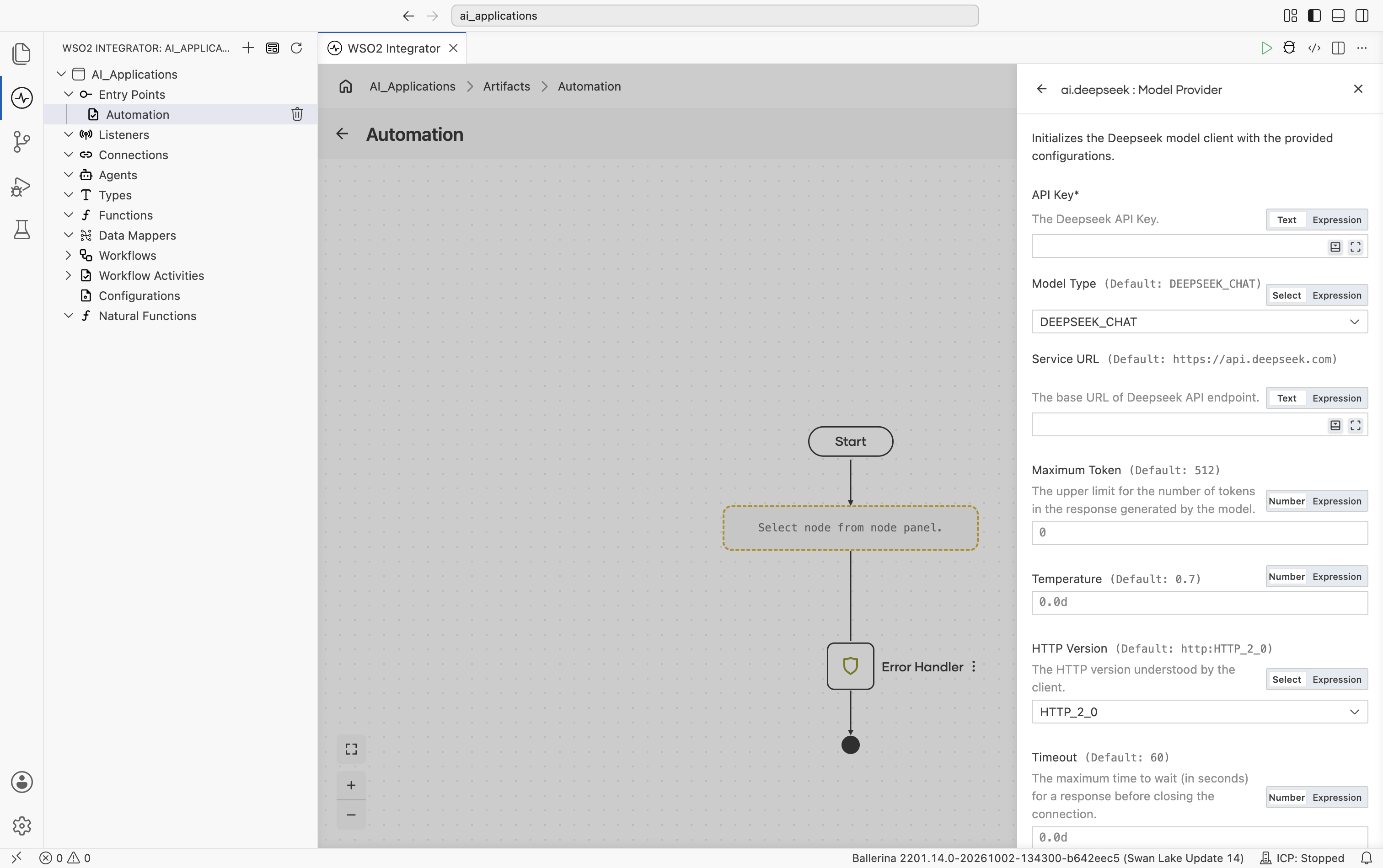 Create Model Provider form for DeepSeek showing API Key, Model Type (default DEEPSEEK_CHAT), Service URL (default https://api.deepseek.com), Maximum Token (default 512), Temperature (default 0.7), HTTP Version (default HTTP_2_0), and the start of Timeout.