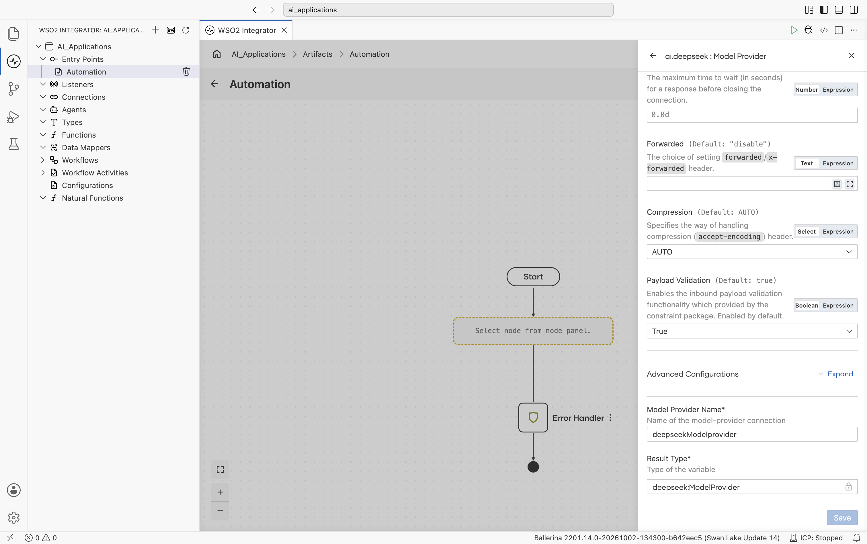 Bottom of the DeepSeek Create Model Provider form showing Forwarded, Compression, Payload Validation, the collapsed Advanced Configurations toggle, Model Provider Name set to deepseekModelprovider, and Result Type locked to deepseek:ModelProvider.