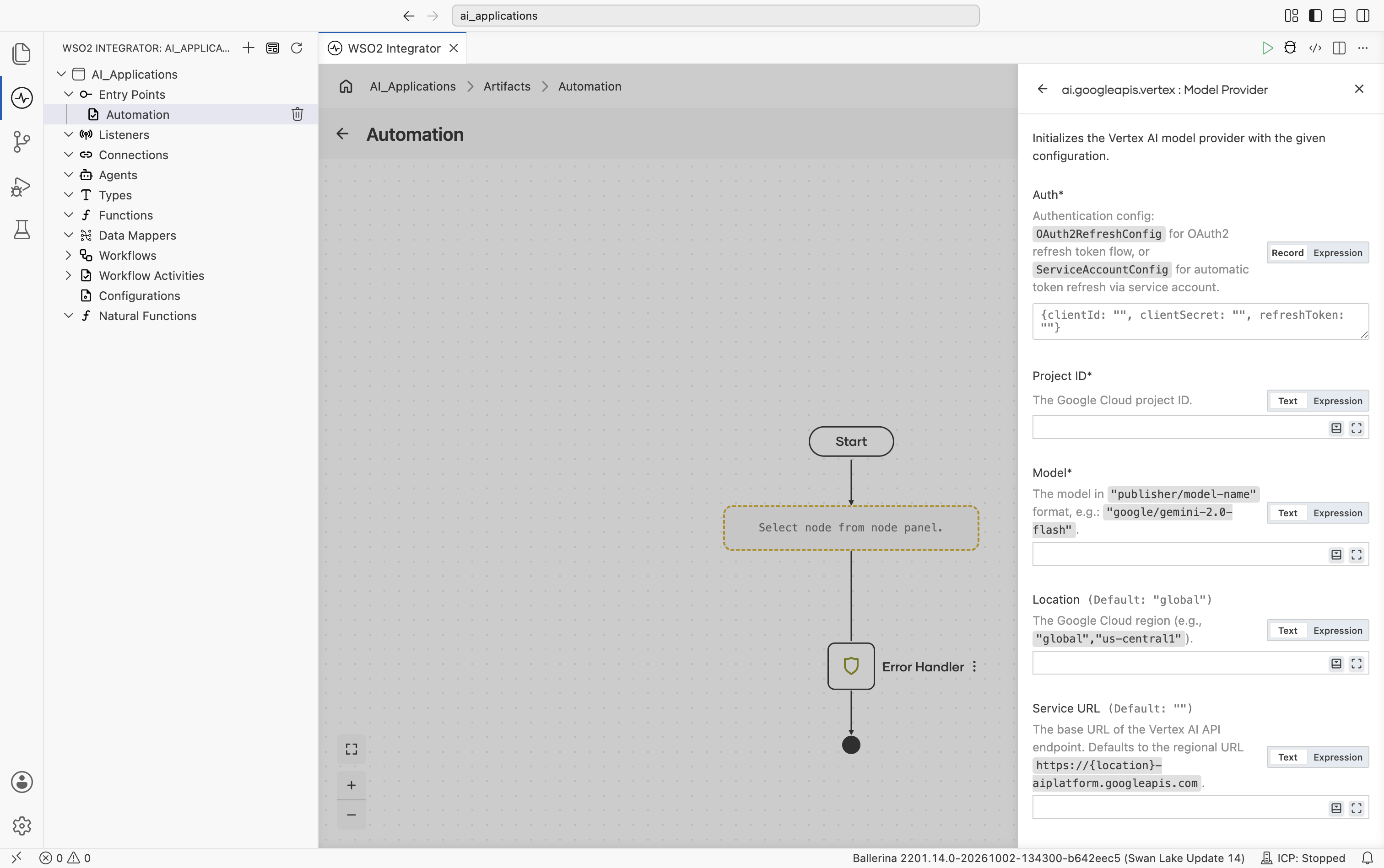 Create Model Provider form for Google Vertex showing three required fields: Auth (record/expression toggle, with hint 'OAuth2RefreshConfig for OAuth2 refresh token flow, or ServiceAccountConfig for automatic token refresh via service account'), Project ID, Model (with hint 'The model in publisher/model-name format, e.g., google/gemini-2.0-flash'), and the start of Location.