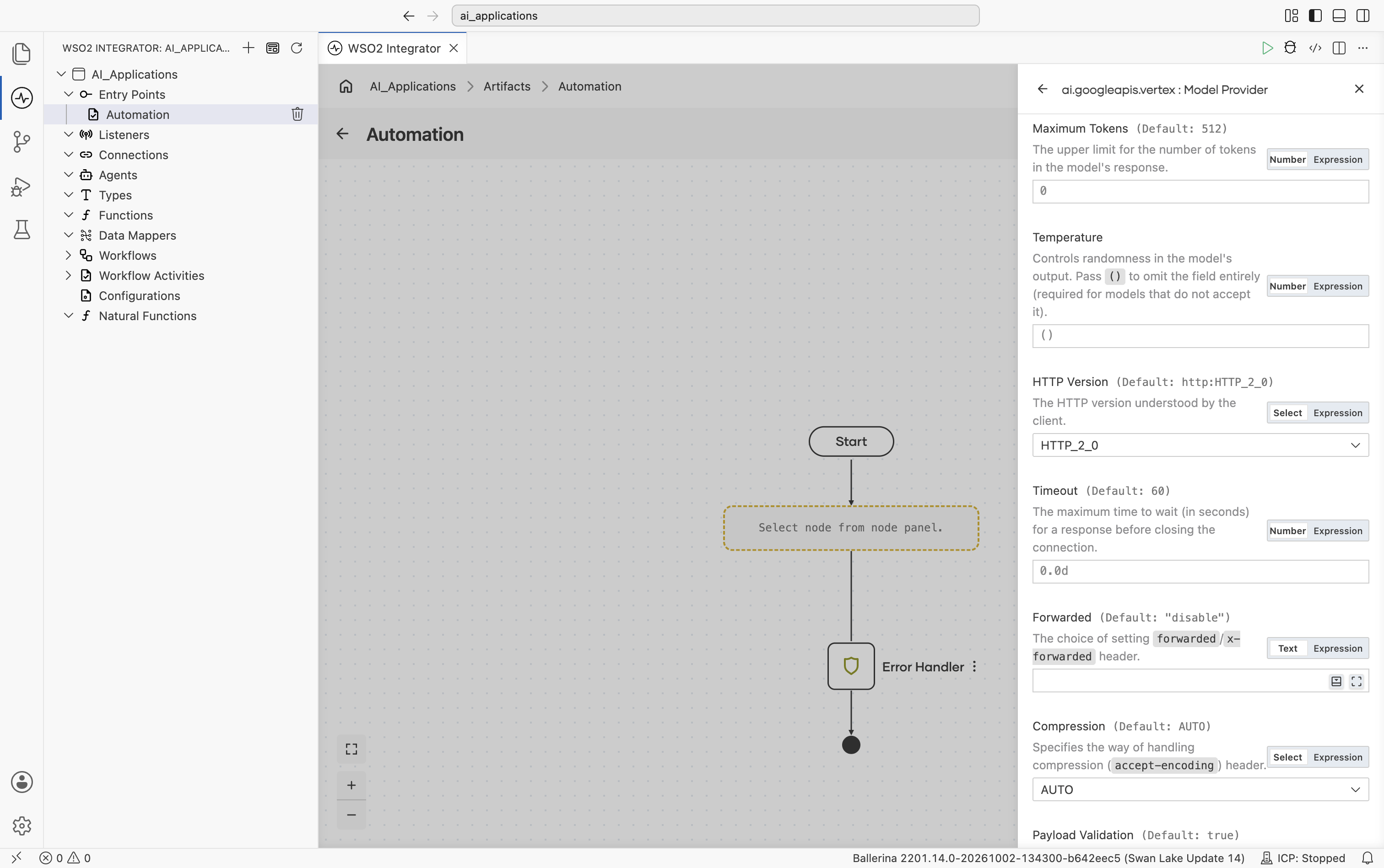 Google Vertex Create Model Provider form showing Maximum Tokens (default 512), Temperature (omitted by default, with tooltip about models that don't accept it), HTTP Version (default HTTP_2_0), and the start of Timeout.