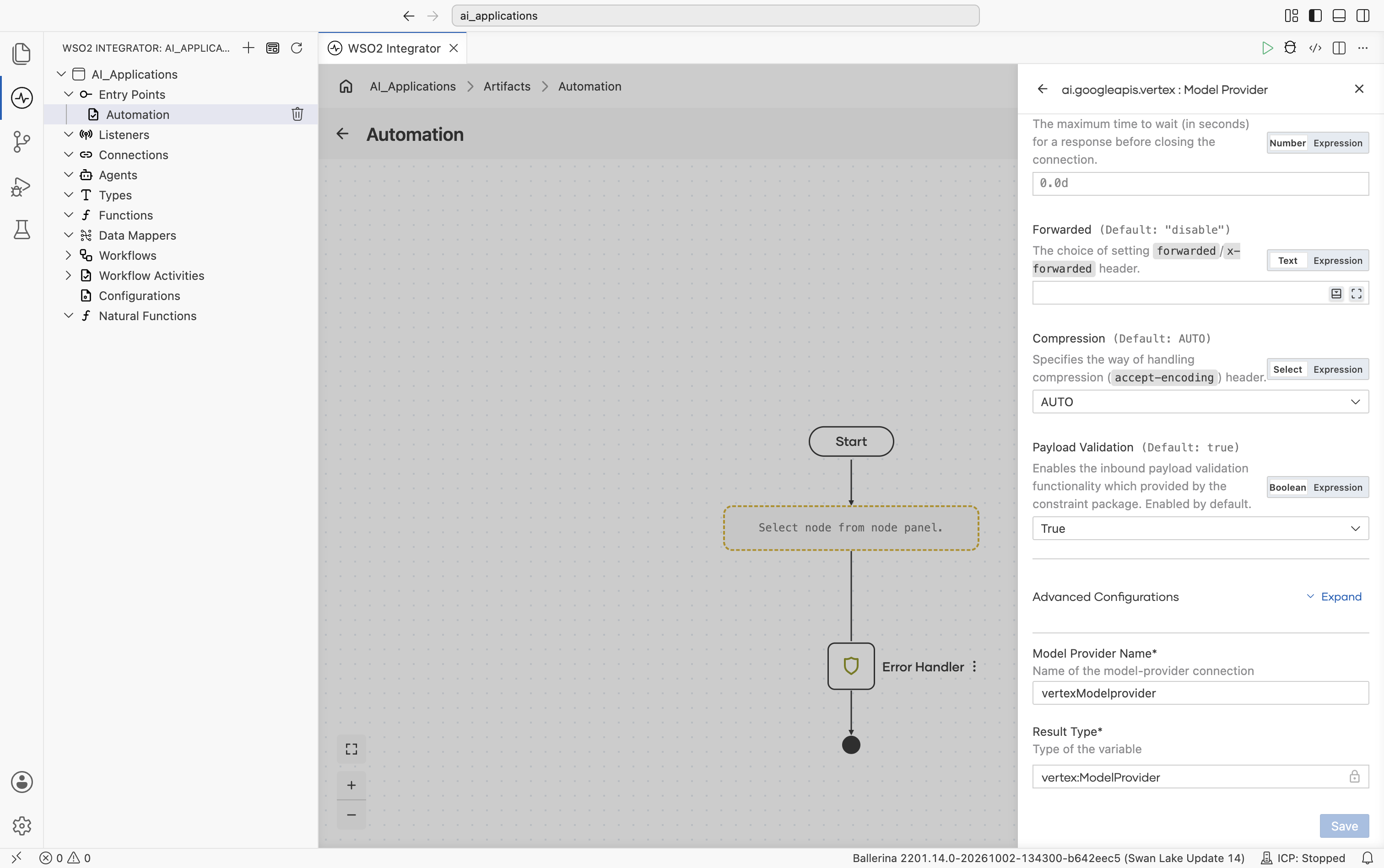 Bottom of the Google Vertex Create Model Provider form showing Timeout, Forwarded, Compression, Payload Validation, the collapsed Advanced Configurations toggle, Model Provider Name set to vertexModelprovider, and Result Type locked to vertex:ModelProvider.
