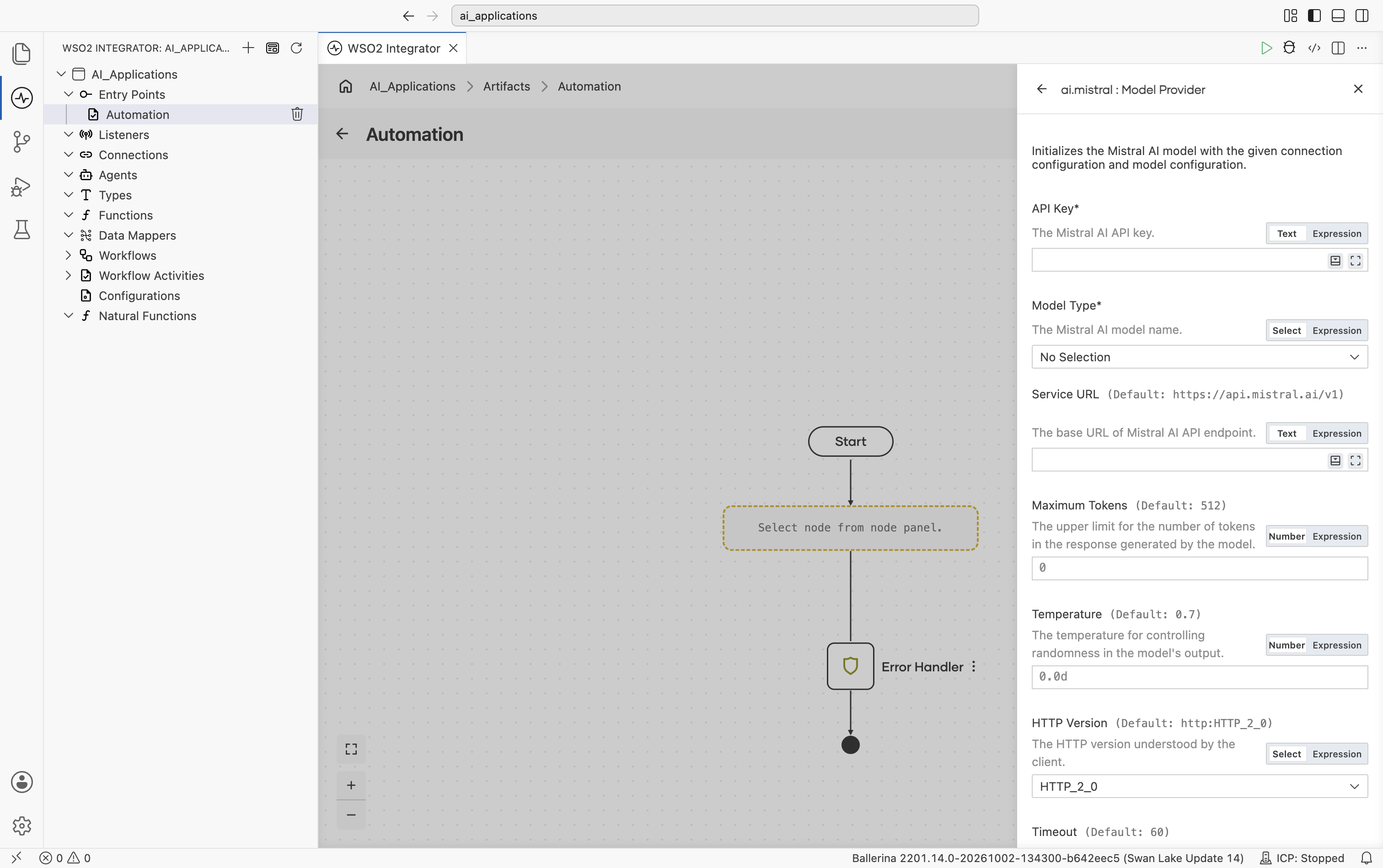 Create Model Provider form for Mistral showing API Key, Model Type (No Selection), Service URL (default https://api.mistral.ai/v1), Maximum Tokens (default 512), Temperature (default 0.7), and the start of HTTP Version.