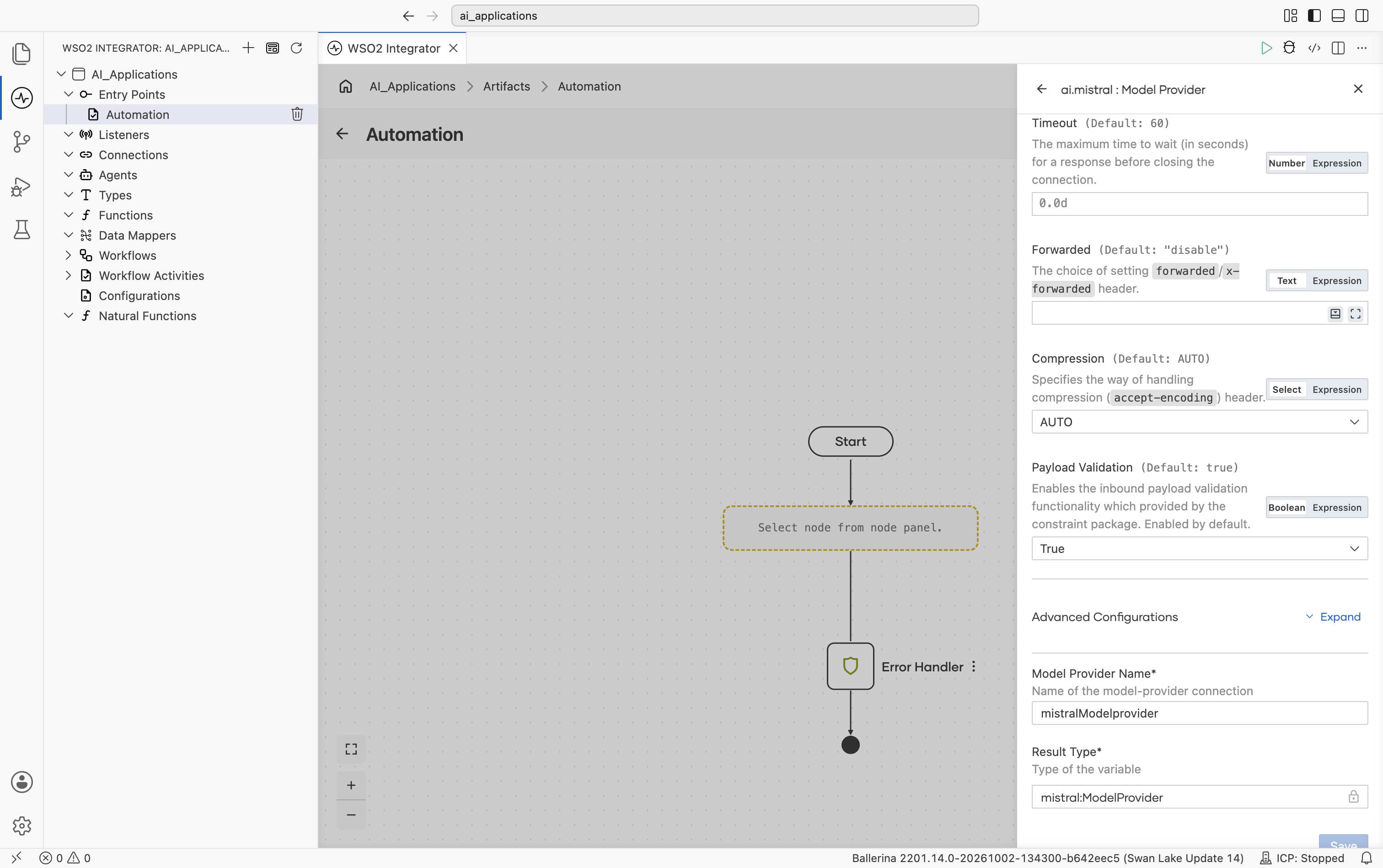 Bottom of the Mistral Create Model Provider form showing Timeout, Forwarded, Compression, Payload Validation, the collapsed Advanced Configurations toggle, Model Provider Name set to mistralModelprovider, and Result Type locked to mistral:ModelProvider.
