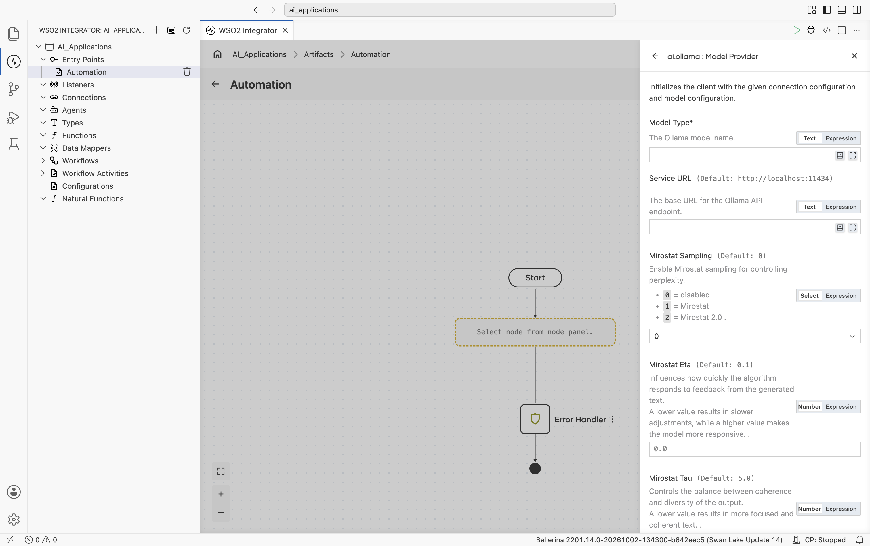 Create Model Provider form for Ollama showing Model Type (free text), Service URL (default http://localhost:11434), Mirostat Sampling (default 0, options 0=disabled, 1=Mirostat, 2=Mirostat 2.0), Mirostat Eta (default 0.1), and the start of Mirostat Tau.