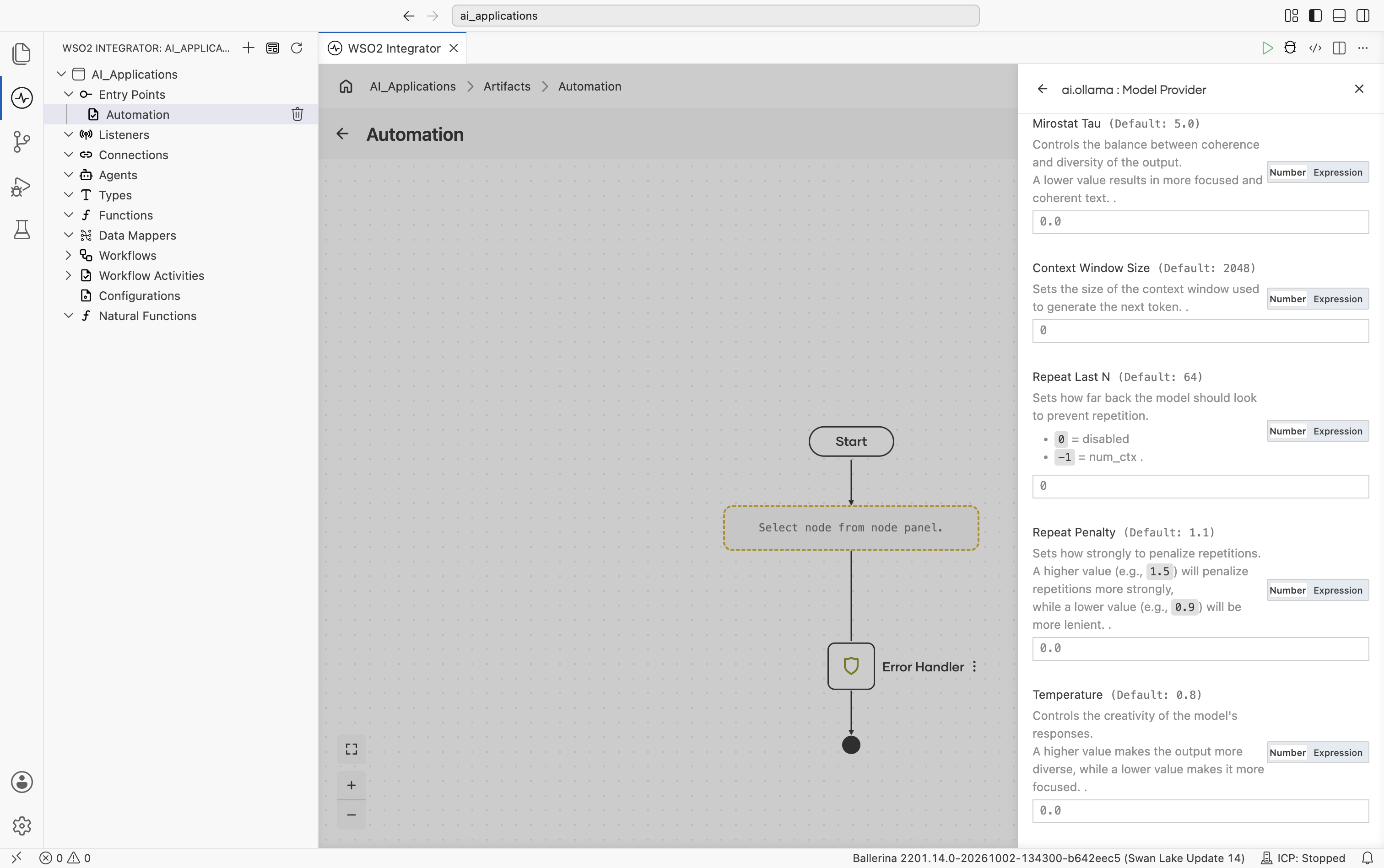 Ollama Create Model Provider form showing Mirostat Tau (default 5.0), Context Window Size (default 2048), Repeat Last N (default 64), Repeat Penalty (default 1.1), and Temperature (default 0.8).