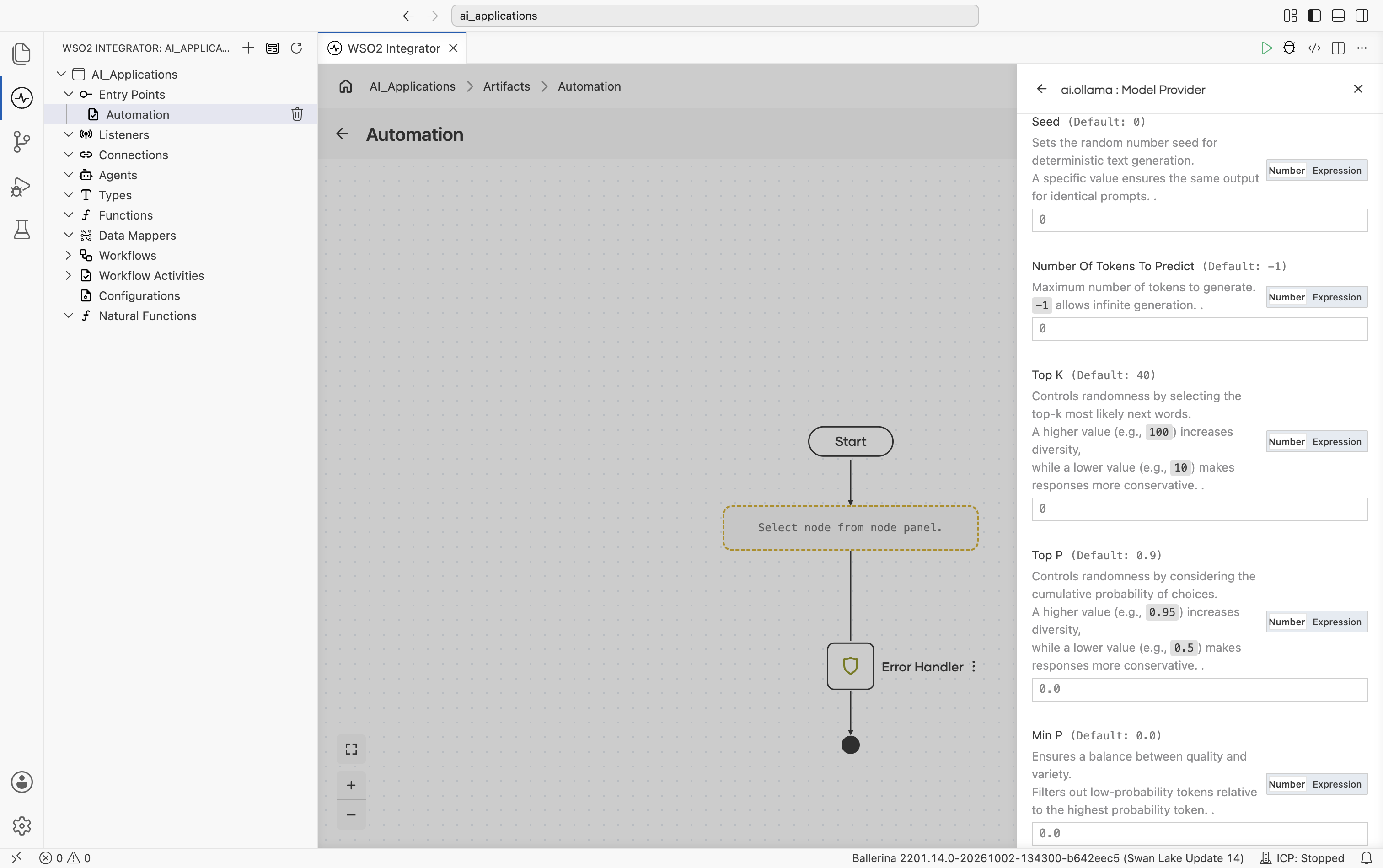 Ollama Create Model Provider form showing Seed (default 0), Number Of Tokens To Predict (default -1), Top K (default 40), Top P (default 0.9), and Min P (default 0.0).