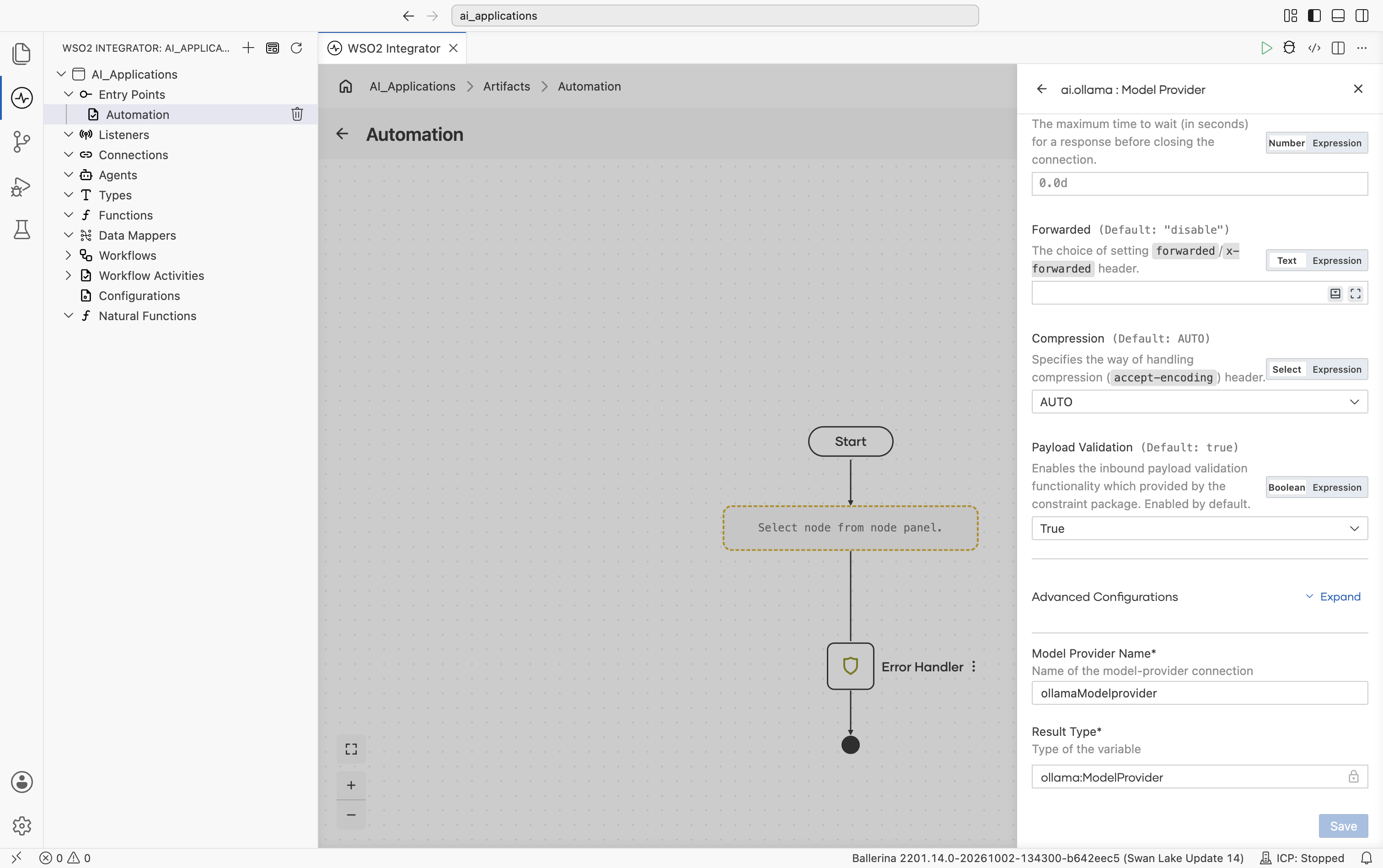Bottom of the Ollama Create Model Provider form showing HTTP Version, Timeout, Forwarded, Compression, Payload Validation, the collapsed Advanced Configurations toggle, Model Provider Name set to ollamaModelprovider, and Result Type locked to ollama:ModelProvider.