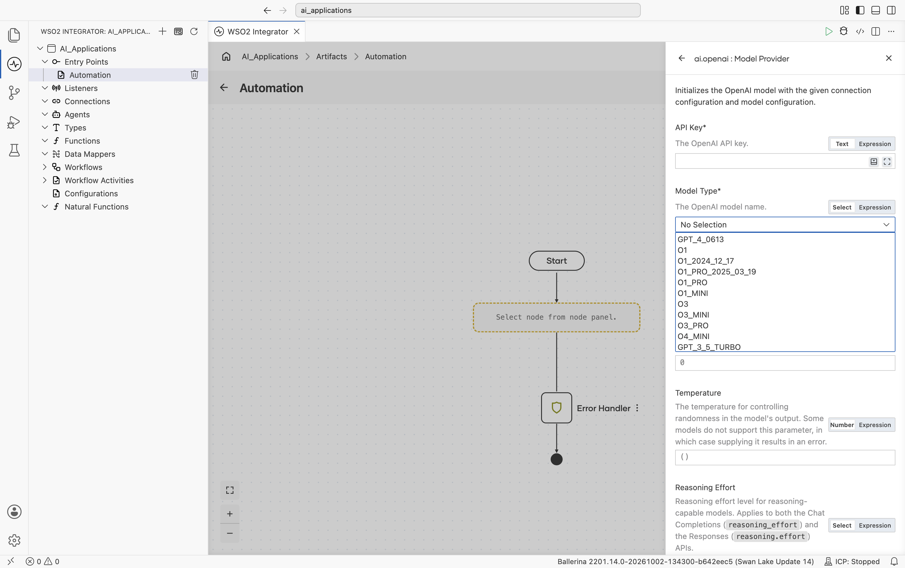 Create Model Provider form for OpenAI showing API Key, Model Type with its dropdown open listing GPT_4_0613, O1, O1_2024_12_17, O1_PRO_2025_03_19, O1_PRO, O1_MINI, O3, O3_MINI, O3_PRO, O4_MINI, and GPT_3_5_TURBO, followed by Temperature and the start of Reasoning Effort.