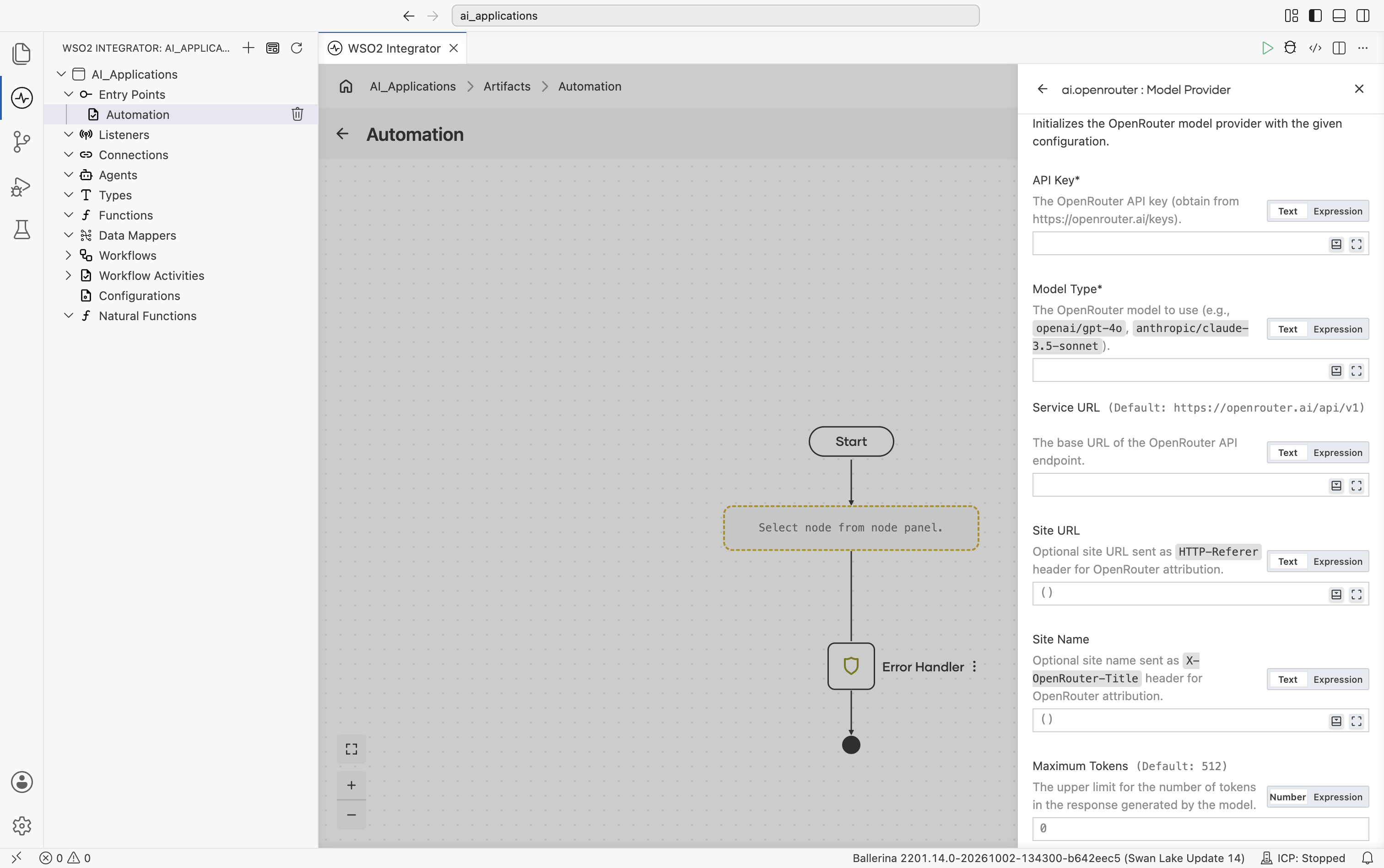 Create Model Provider form for OpenRouter showing API Key (with link to https://openrouter.ai/keys), Model Type (with example values 'openai/gpt-4o', 'anthropic/claude-3.5-sonnet'), Service URL (default https://openrouter.ai/api/v1), Site URL, Site Name, and the start of Maximum Tokens.