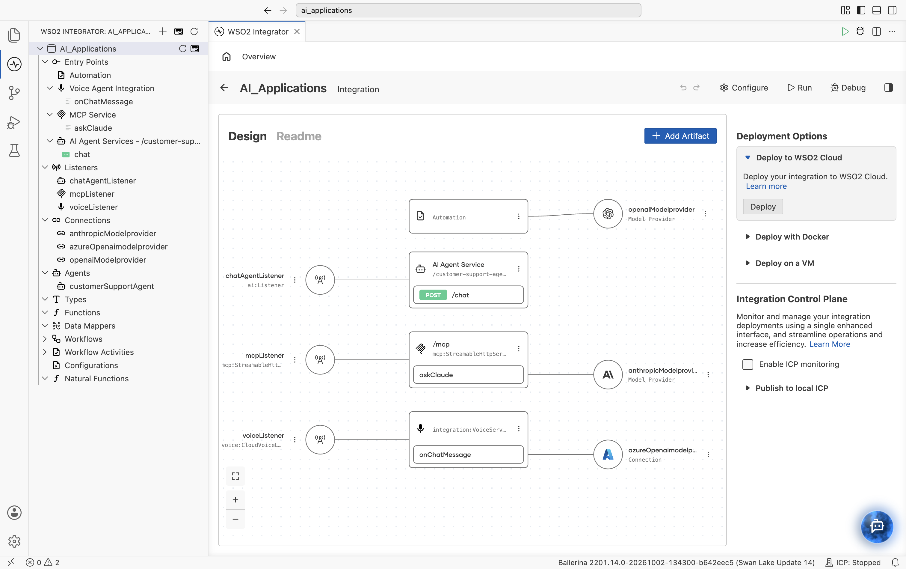 The integration project Design overview with the left sidebar Connections tree populated with three model-provider connections (anthropicModelprovider, azureOpenaimodelprovider, openaiModelprovider), and the main canvas wiring an Automation, an AI Agent Service, an MCP Service action, and a Voice Agent Integration action to their respective model-provider nodes on the right with provider logos.