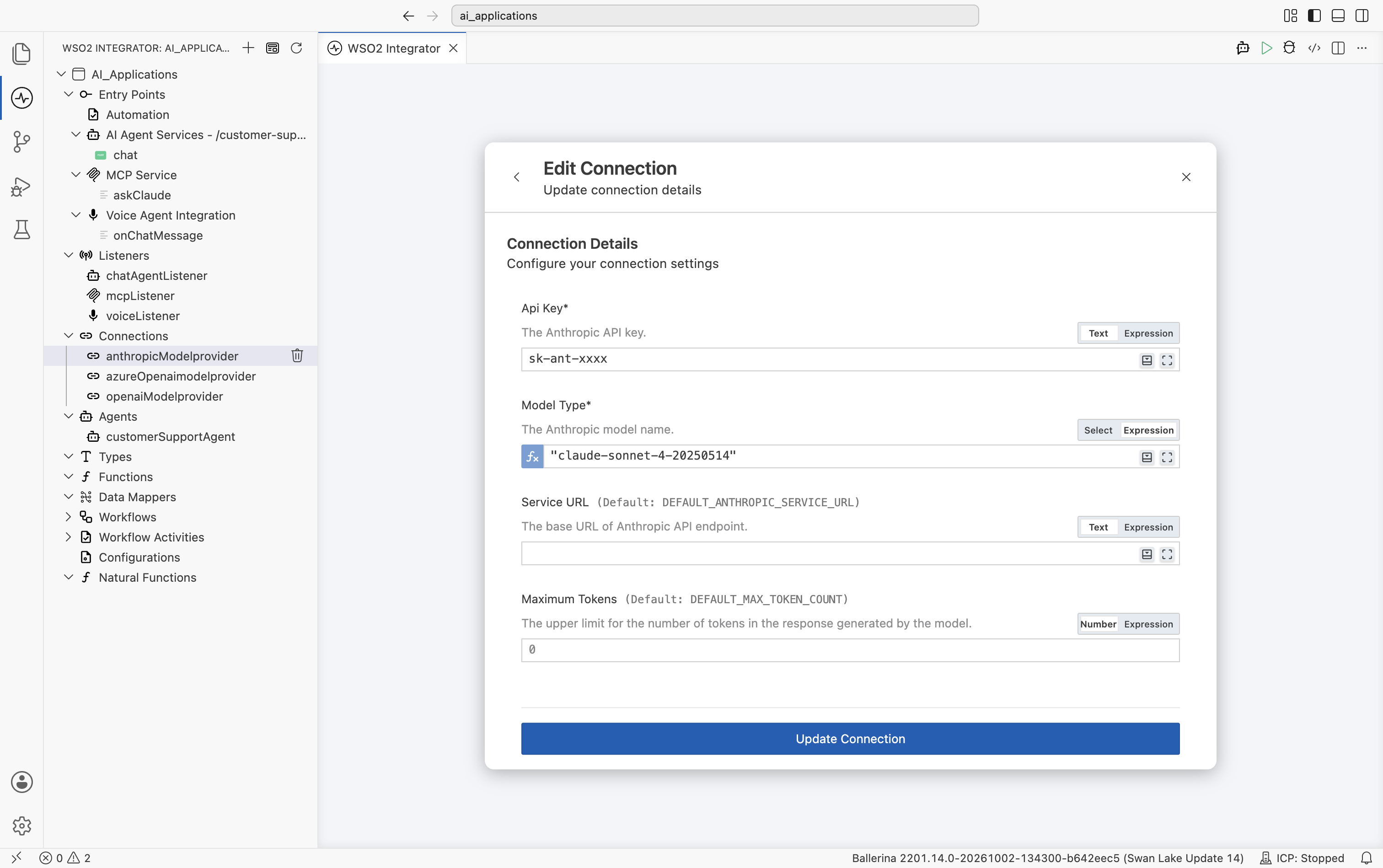 Edit Connection modal for an Anthropic connection showing Api Key (sk-ant-xxx), Model Type set to an expression 'claude-sonnet-4-20250514', Service URL (default DEFAULT_ANTHROPIC_SERVICE_URL), Maximum Tokens (default DEFAULT_MAX_TOKEN_COUNT), and the Update Connection button at the bottom.