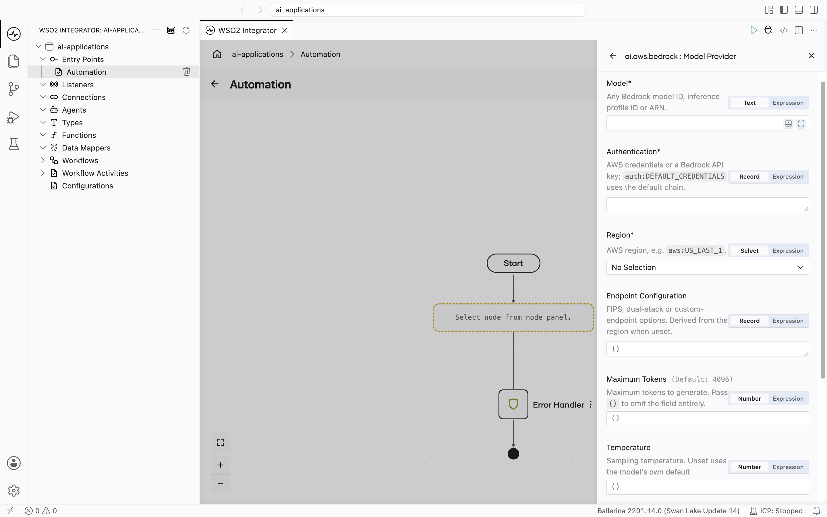 Create Model Provider form for the Bedrock Converse Model Provider showing Model (required, hint 'Any Bedrock model ID, inference profile ID or ARN'), Authentication (required, hint 'AWS credentials or a Bedrock API key; auth:DEFAULT_CREDENTIALS uses the default chain'), Region (required, a select list), Endpoint Configuration, Maximum Tokens (default 4096), and Temperature.