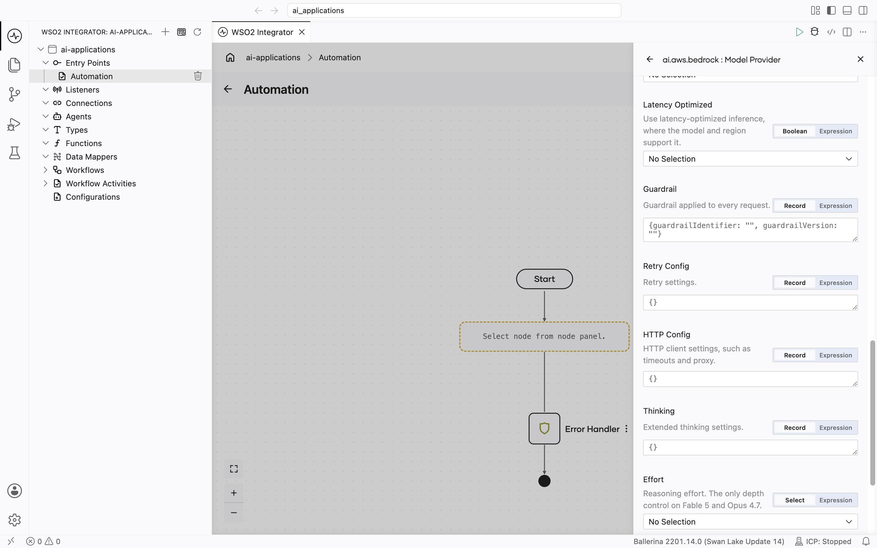 Bedrock Runtime Anthropic Create Model Provider form with Advanced Configurations expanded, showing Latency Optimized, Guardrail, Retry Config, HTTP Config, Thinking, and Effort.
