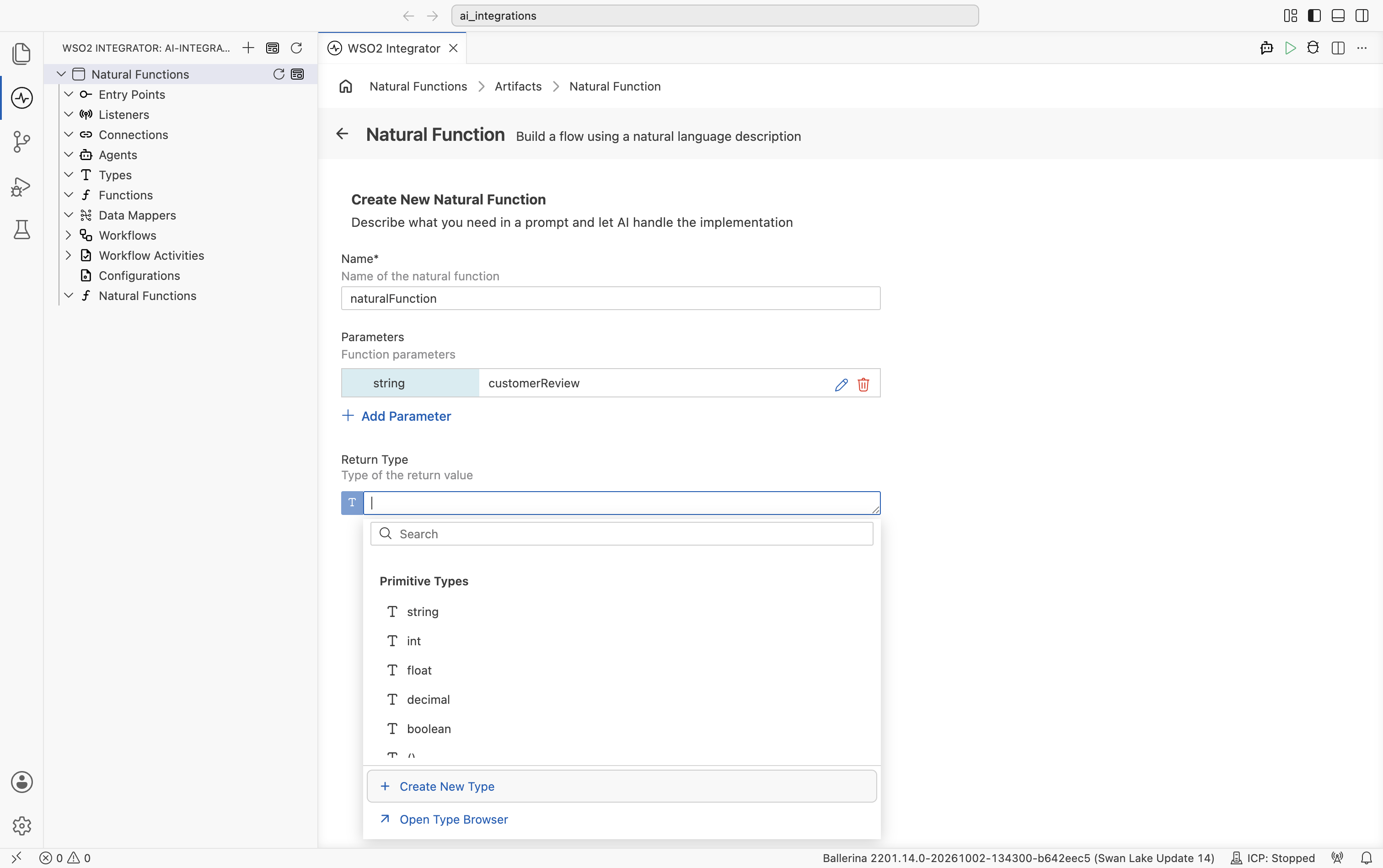 Return Type dropdown showing primitive types and options to create or browse types.