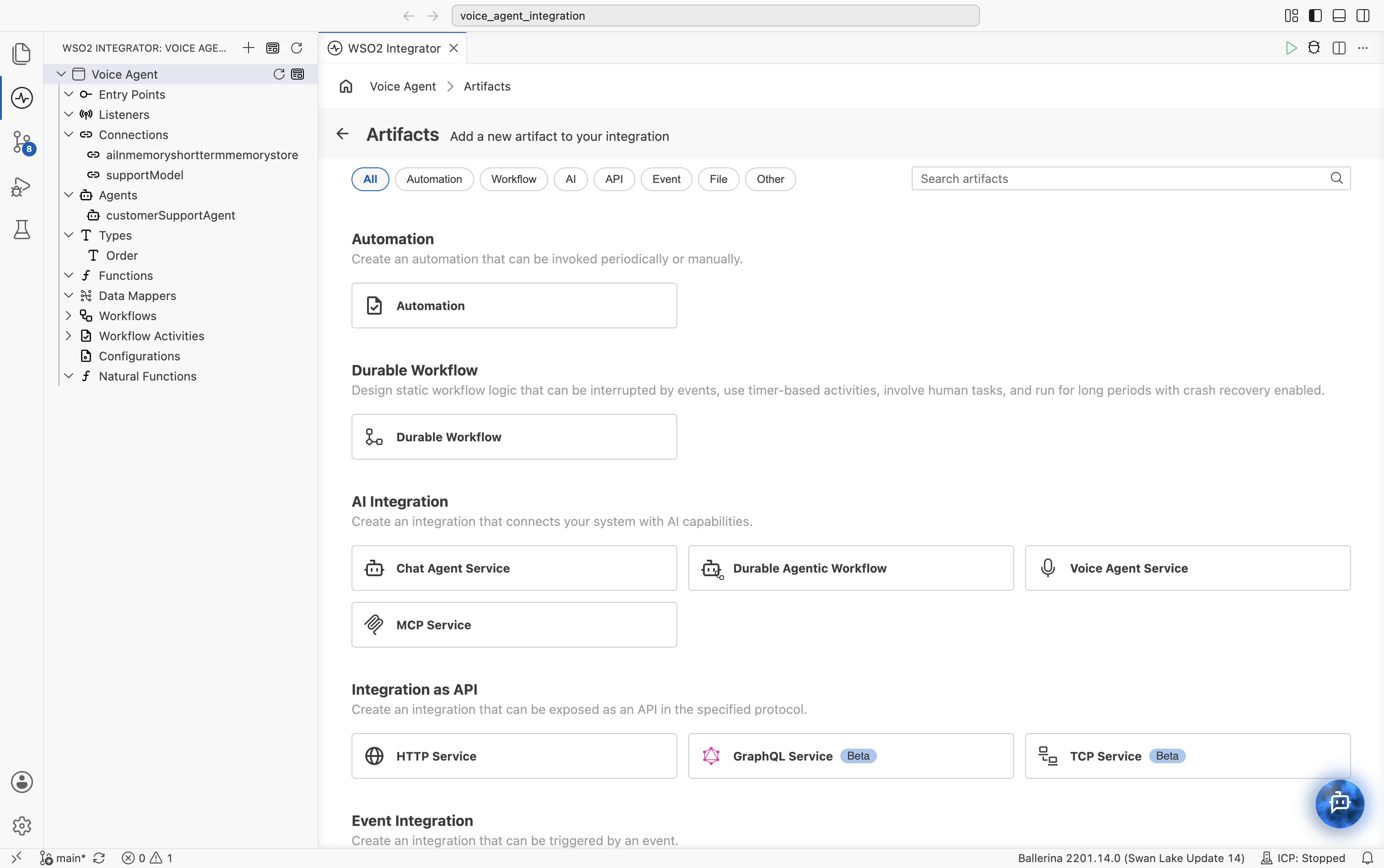 Artifacts page in WSO2 Integrator showing artifact categories Automation, Durable Workflow, AI Integration with Chat Agent Service, Durable Agentic Workflow, Voice Agent Service, and MCP Service, Integration as API with HTTP Service, GraphQL Service Beta, and TCP Service Beta, and Event Integration.