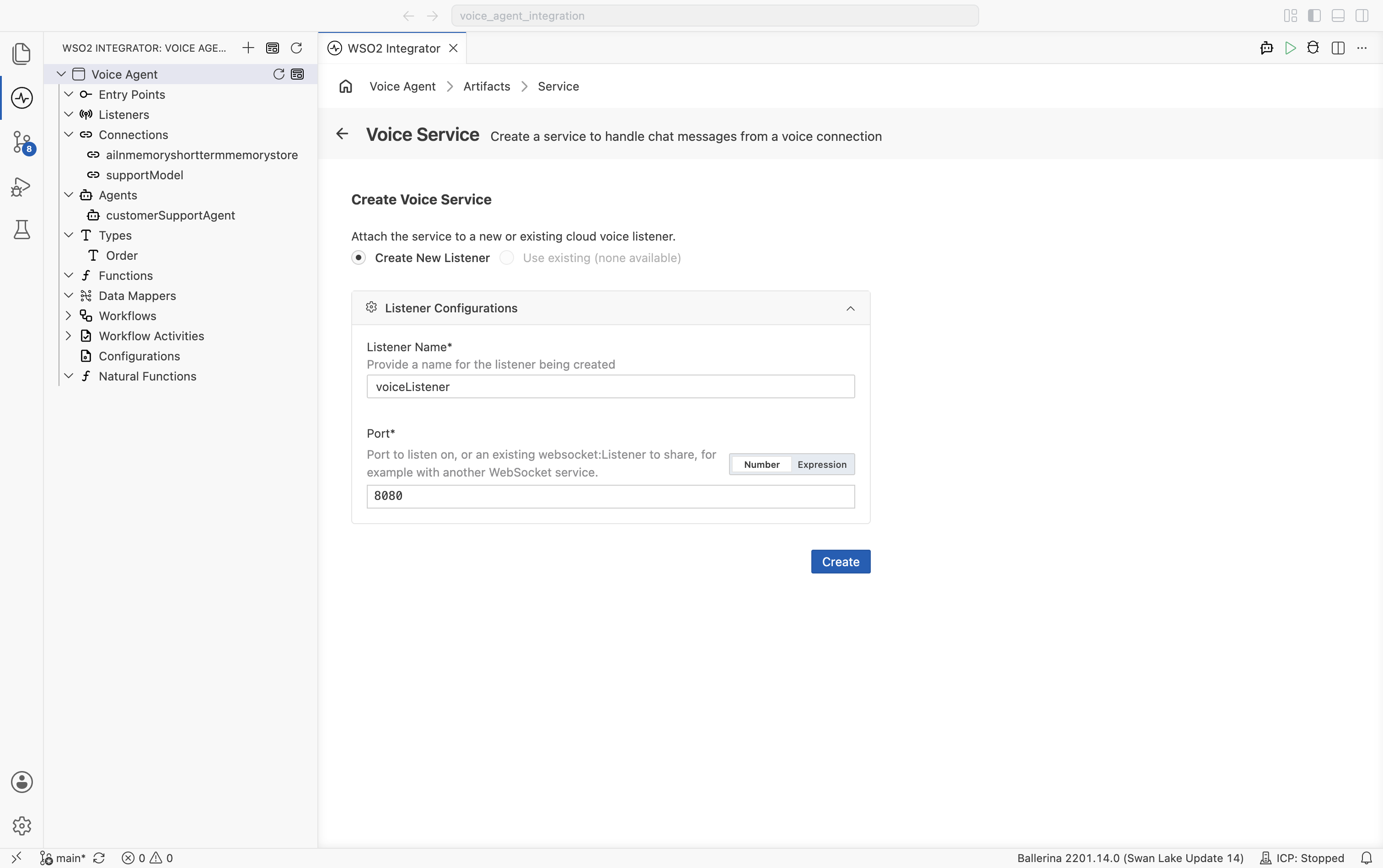 Create Voice Service form with Create New Listener selected, a Listener Name field set to voiceListener, and a Port field set to 8080 with a toggle between Number and Expression.
