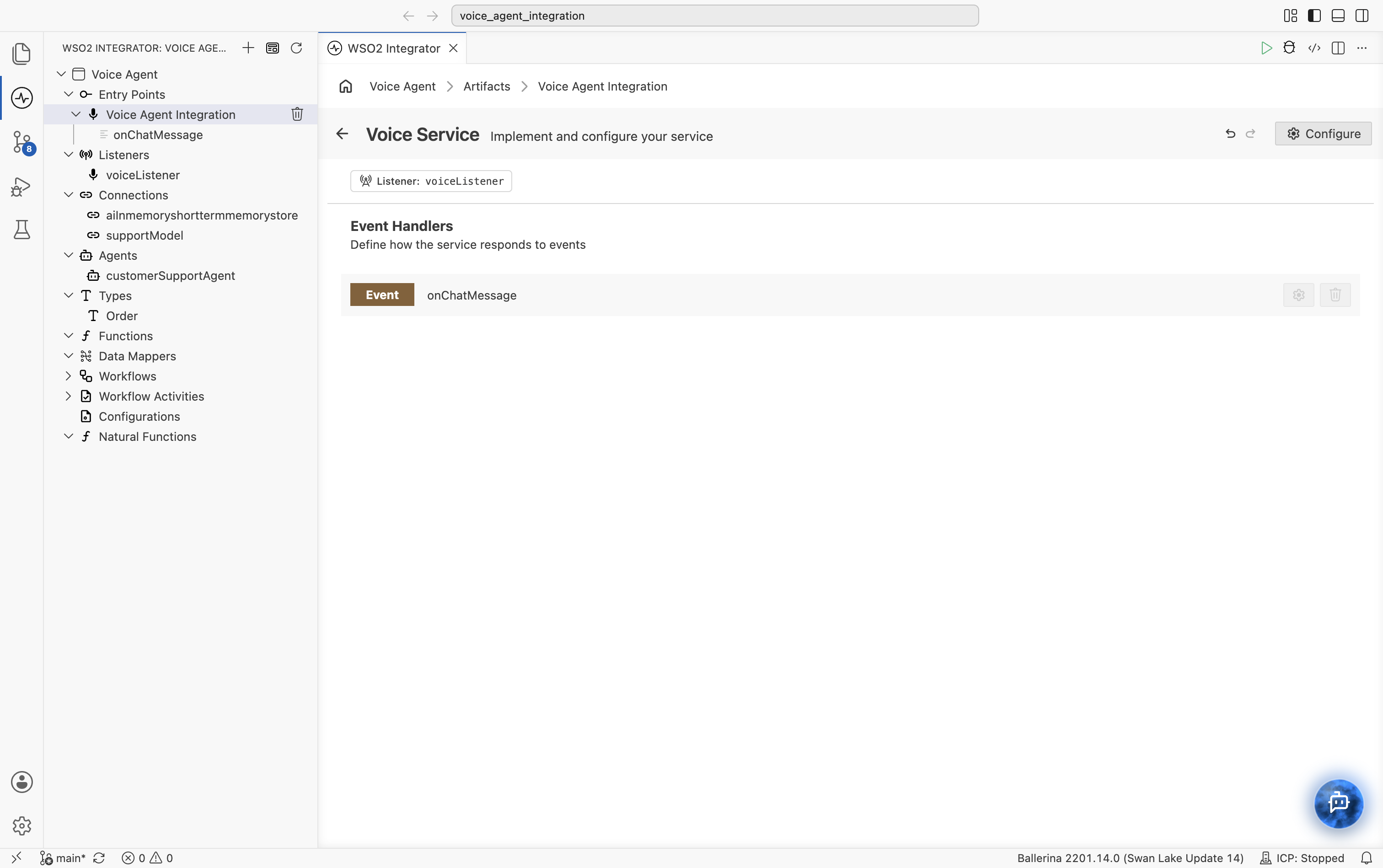 Voice Service editor showing Listener: voiceListener and an Event Handlers section listing a single event named onChatMessage.