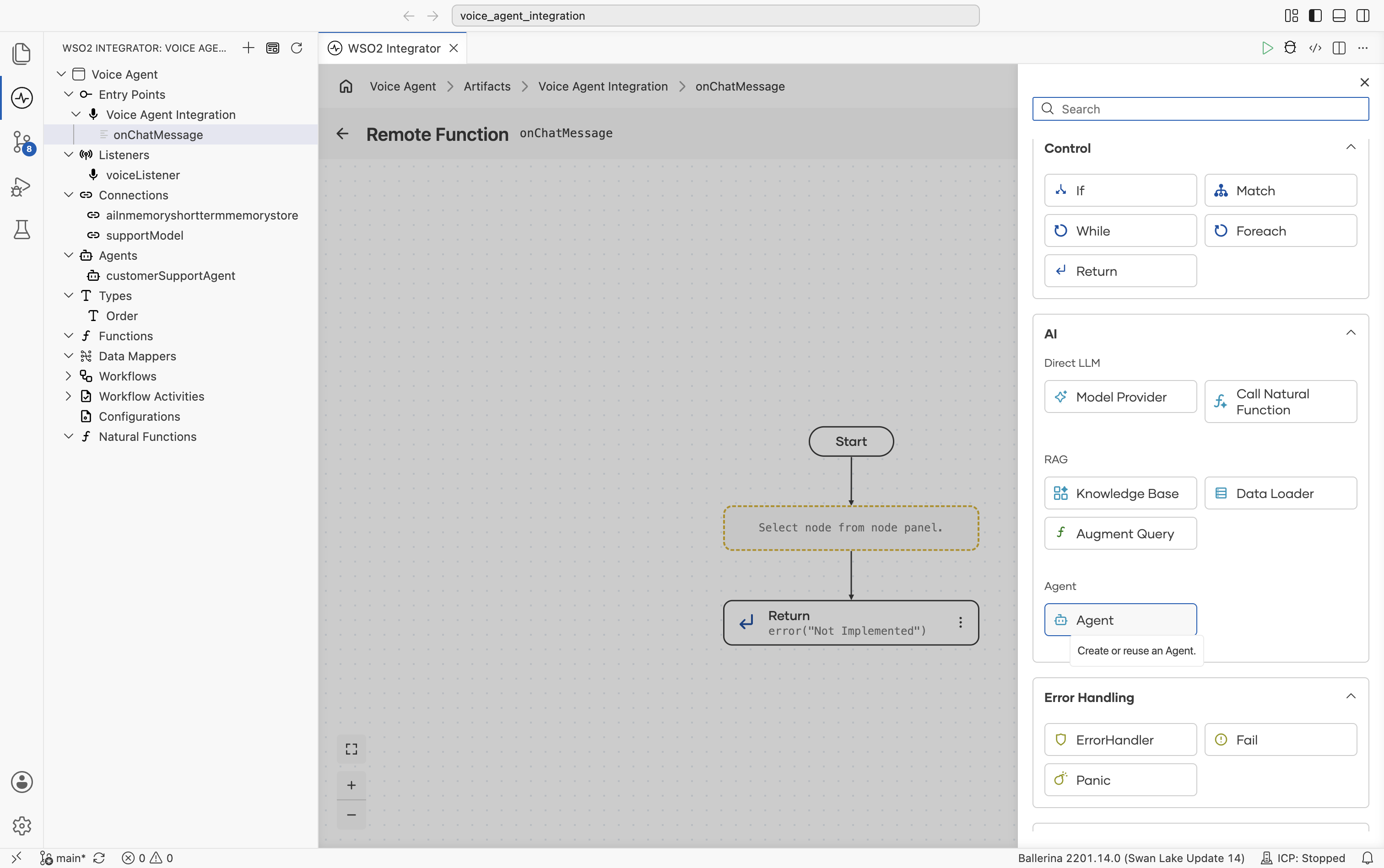 Node panel on the onChatMessage flow with the AI section expanded, showing Direct LLM (Model Provider, Call Natural Function), RAG (Knowledge Base, Data Loader, Augment Query), and Agent, with a tooltip reading Create or reuse an Agent.