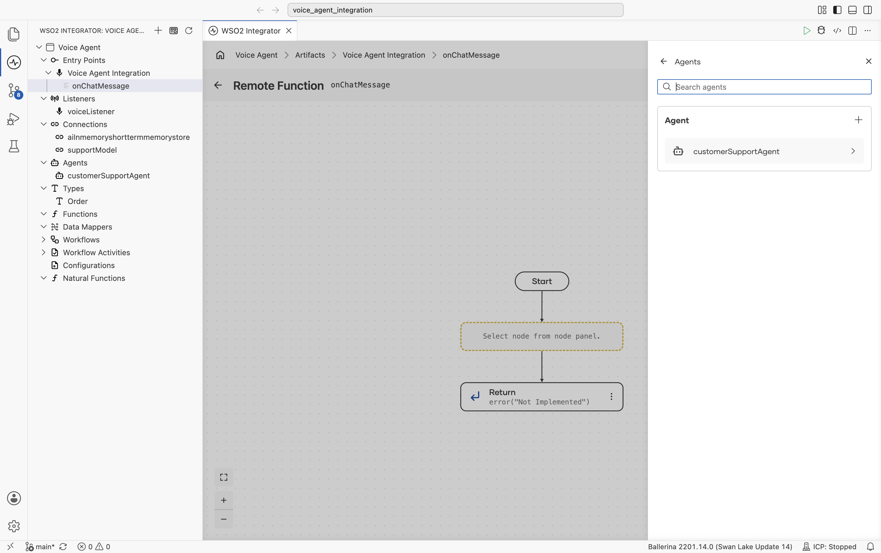 Agents picker listing one existing agent, customerSupportAgent, under an Agent section with a plus button to create a new one.