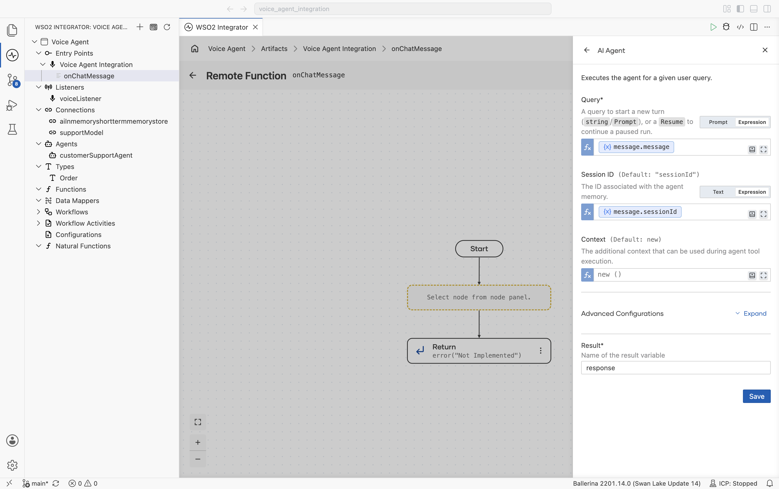 AI Agent node configuration panel with Query set to message.message, Session ID set to message.sessionId, Context left at its default new record, and Result named response.
