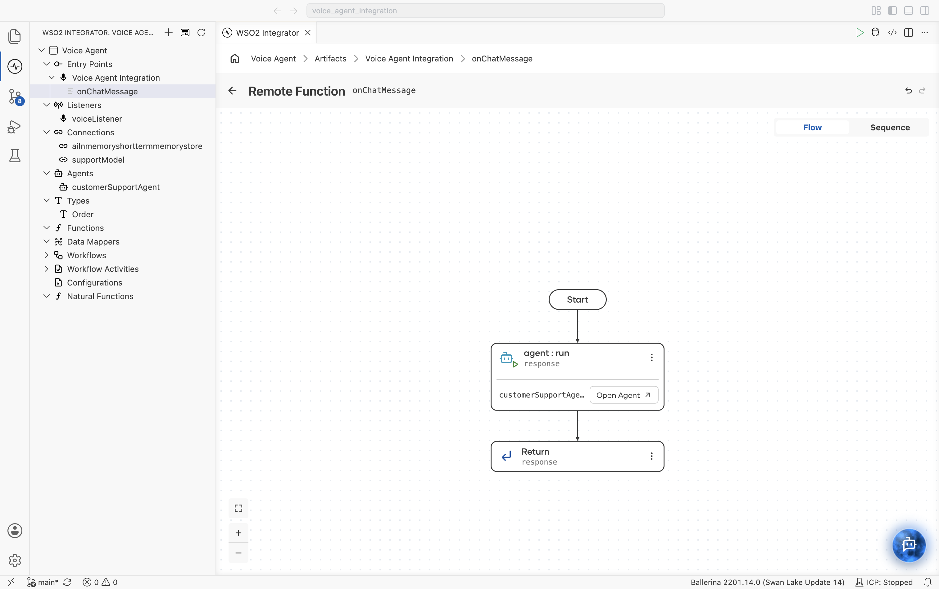 onChatMessage flow showing Start connected to an agent colon run node calling customerSupportAgent and producing response, connected to a Return node that returns response.