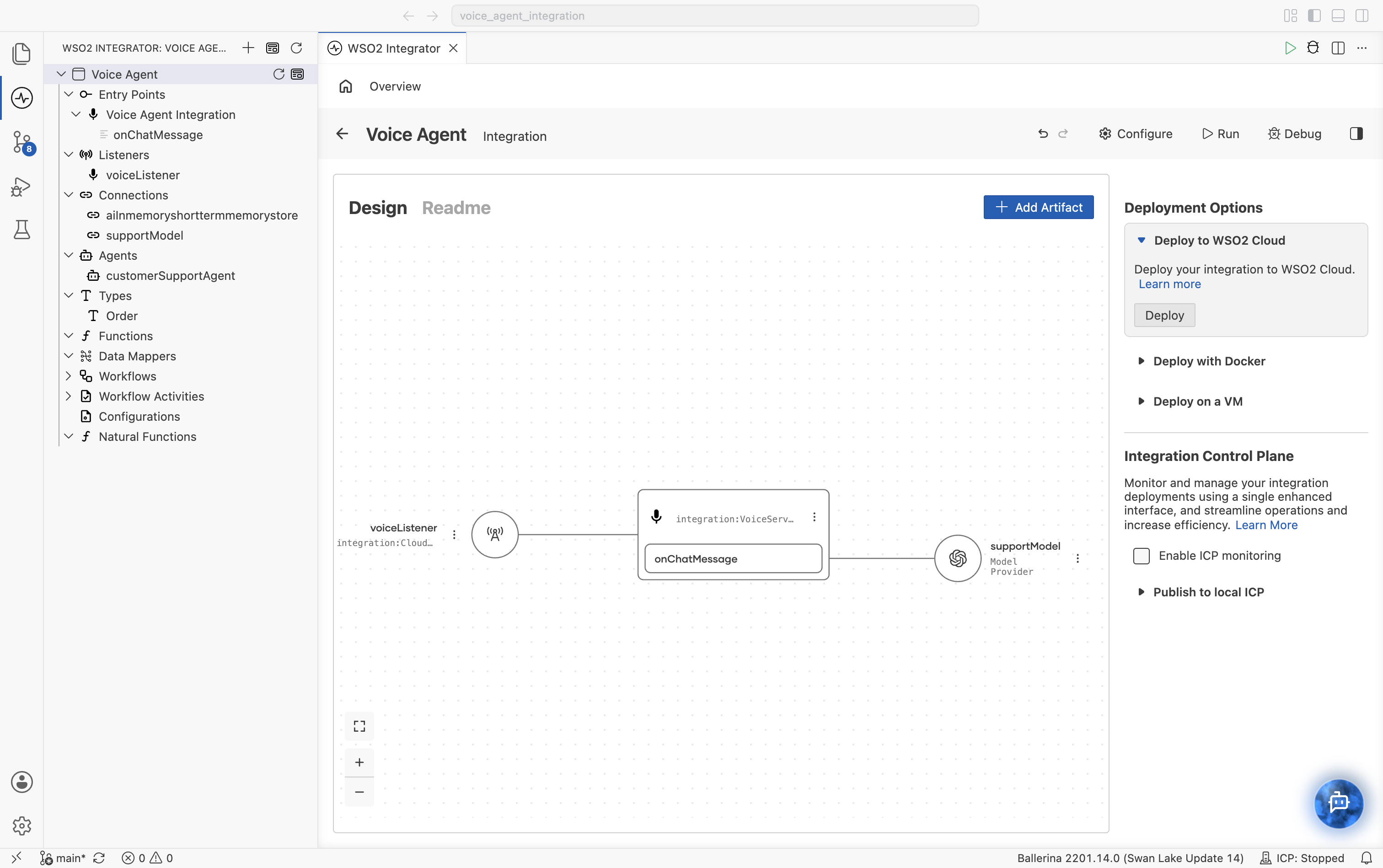 Project overview canvas showing voiceListener connected to the Voice Service onChatMessage handler, which is connected to a supportModel model provider, with a Deployment Options panel on the right offering Deploy to WSO2 Cloud, Deploy with Docker, and Deploy on a VM.