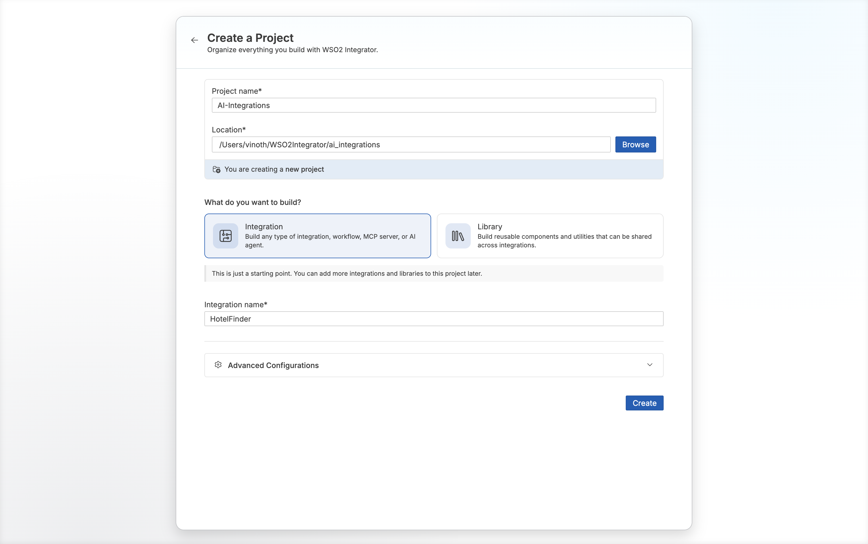 Create a Project form with Project name set to AI-Integrations, the Integration option selected, and Integration name set to HotelFinder