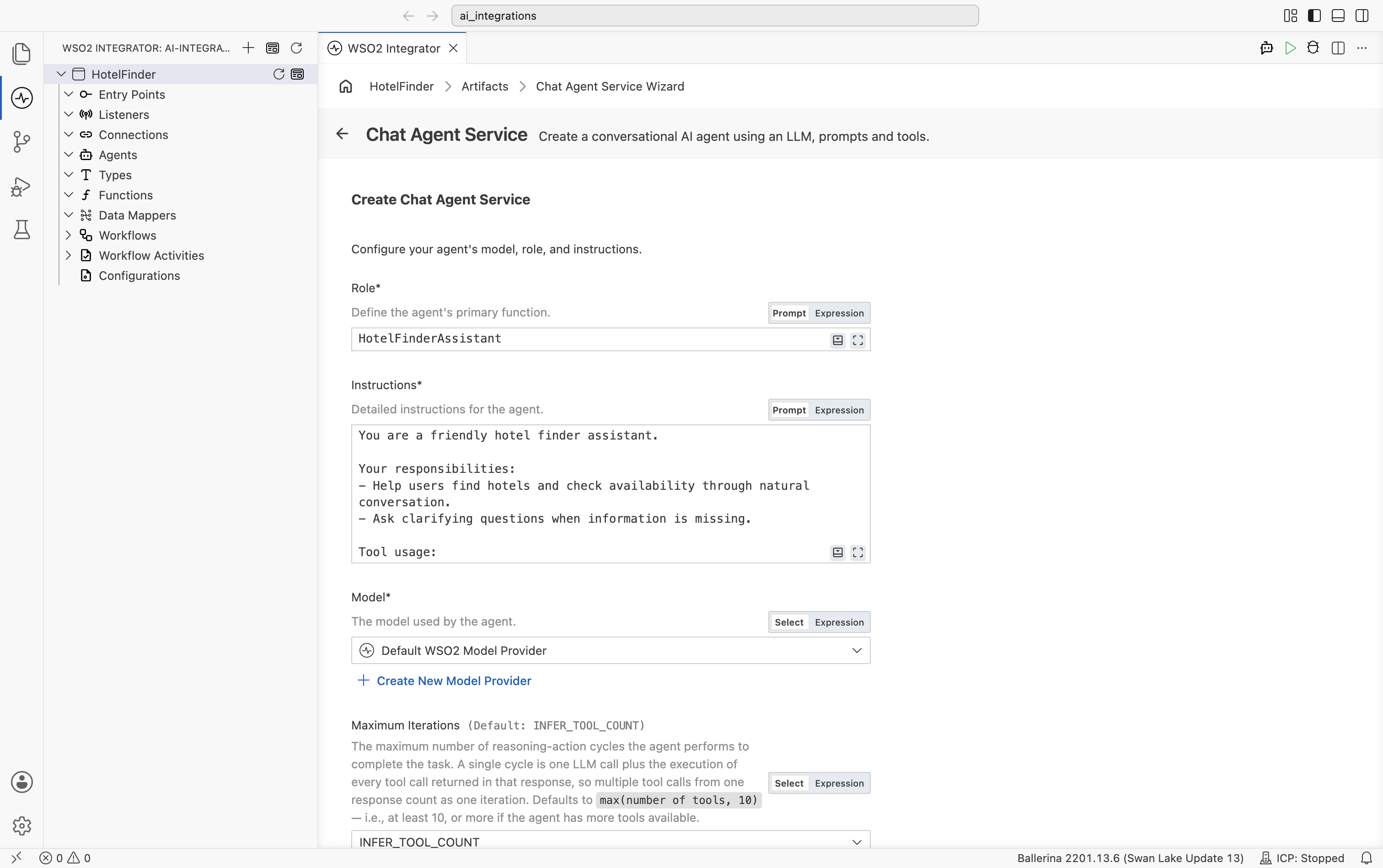 Create Chat Agent Service form with Role and Instructions filled in and Model set to Default WSO2 Model Provider