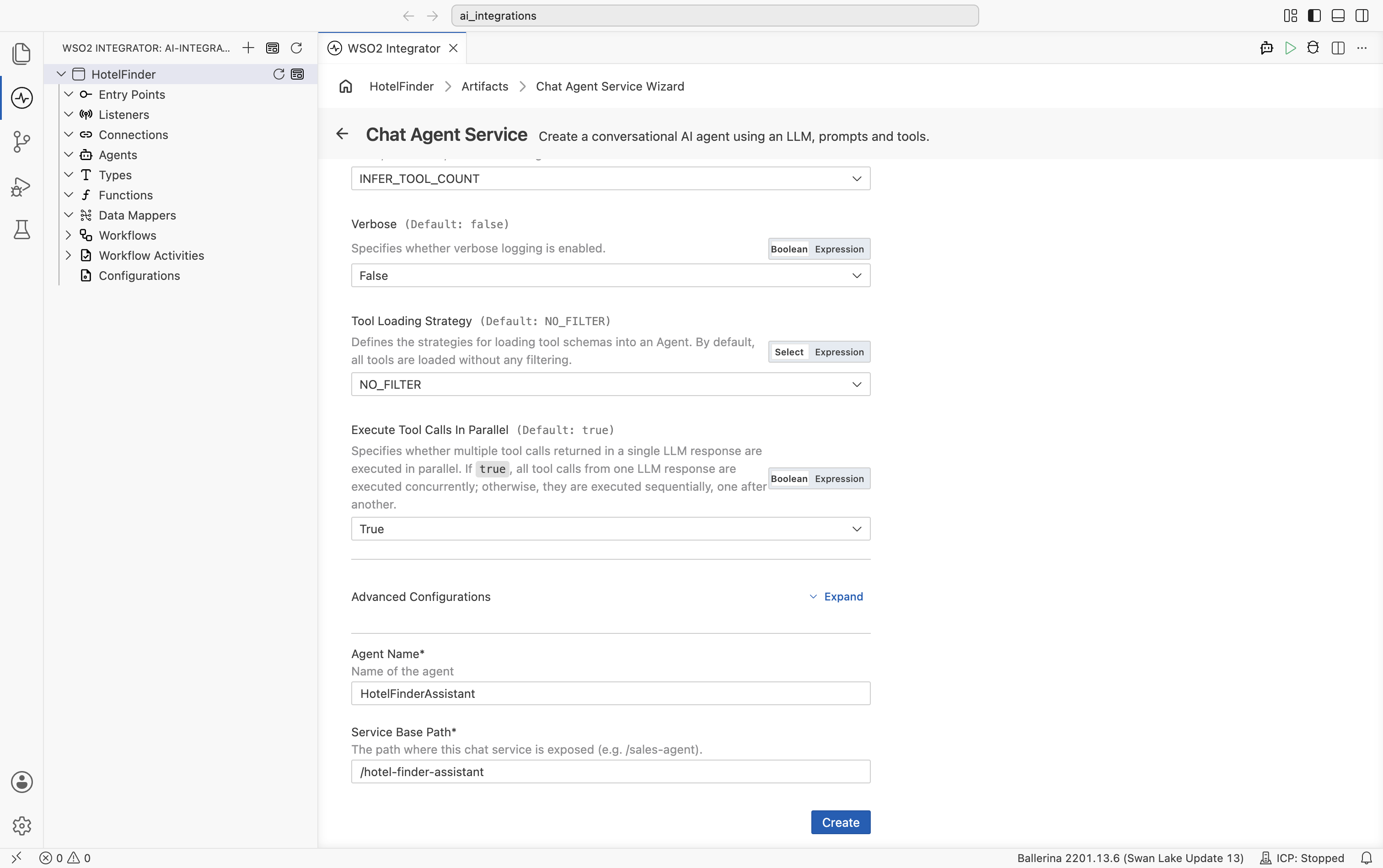 Bottom of the Create Chat Agent Service form with Agent Name set to HotelFinderAssistant and Service Base Path set to /hotel-finder-assistant