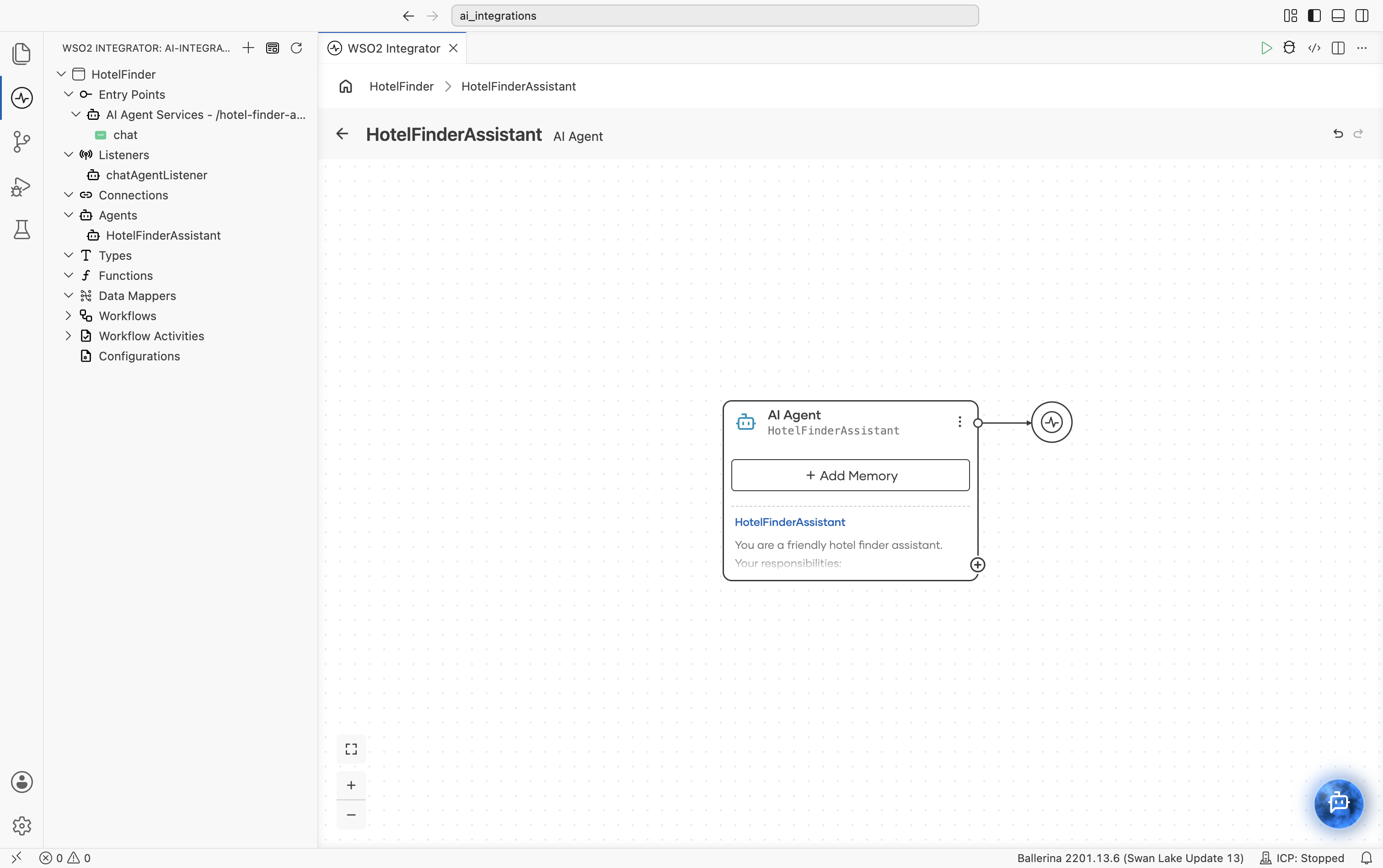 AI Agent node for HotelFinderAssistant connected to the model provider, with an Add Memory button and a + icon for adding tools