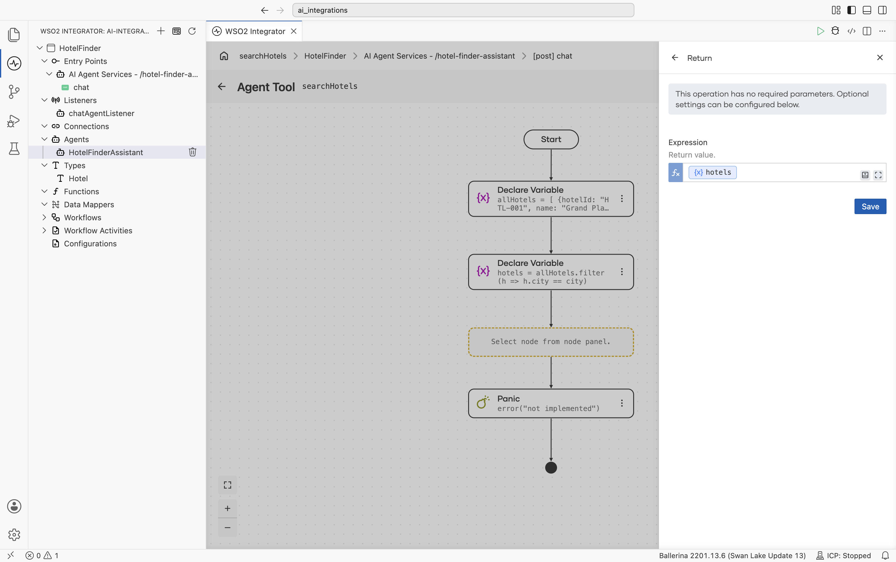 Return node configuration panel with Expression set to hotels