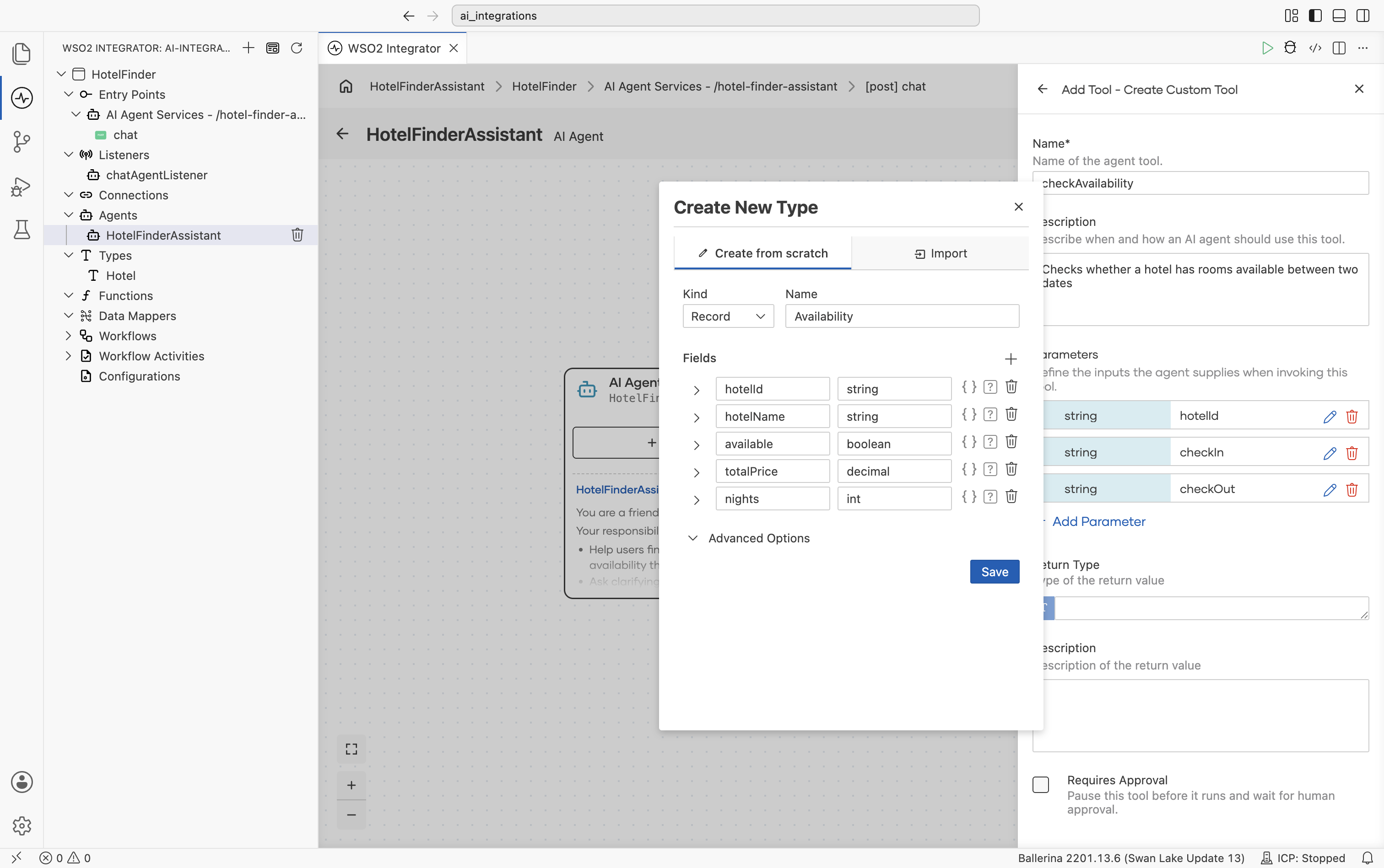 Create New Type dialog open over the checkAvailability form, with Kind set to Record and Name set to Availability, showing all five fields