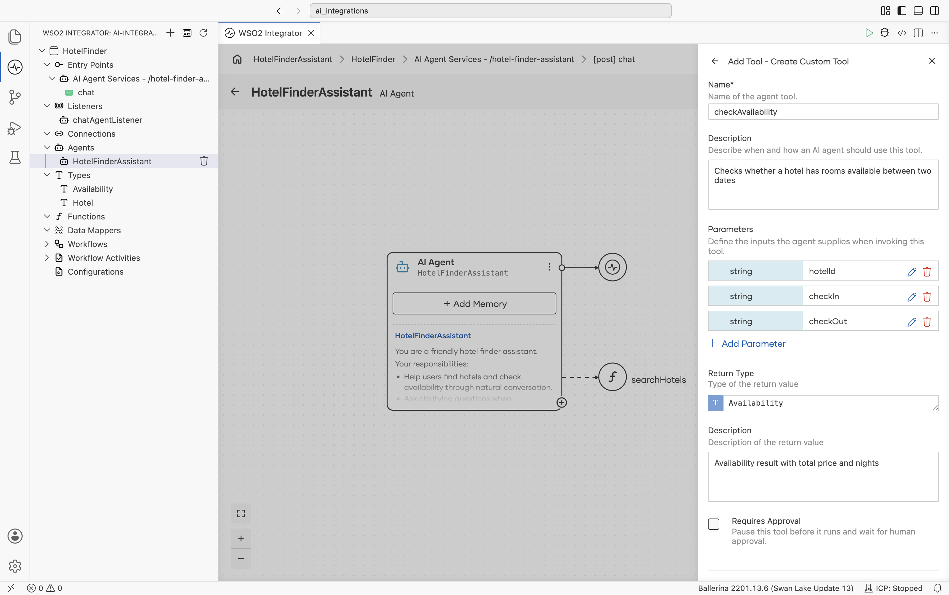 Completed checkAvailability tool form showing hotelId, checkIn, checkOut parameters, Availability return type, and return description, with searchHotels already connected to the agent