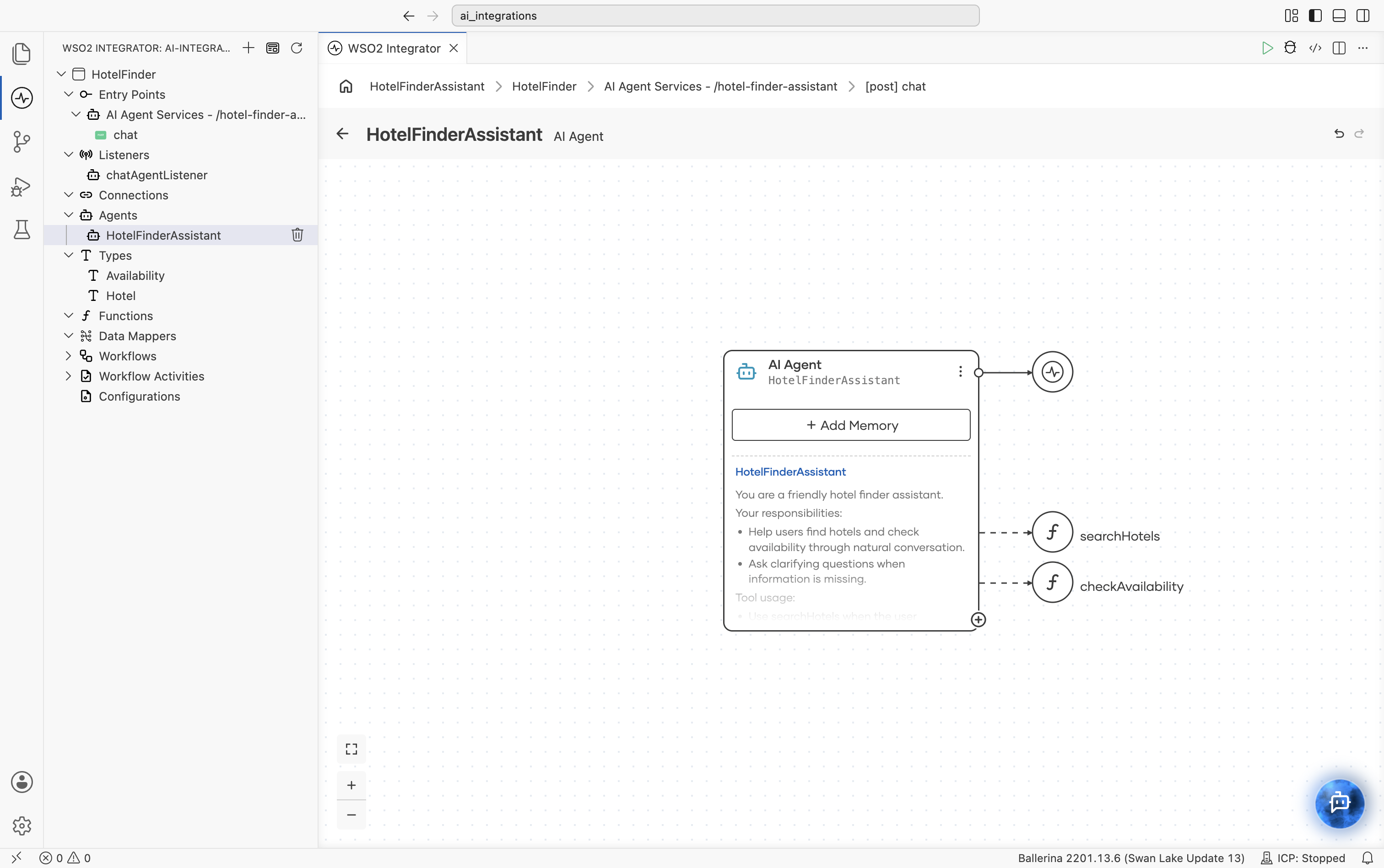 AI Chat Agent design view showing the agent node connected to searchHotels and checkAvailability tools with the system prompt visible