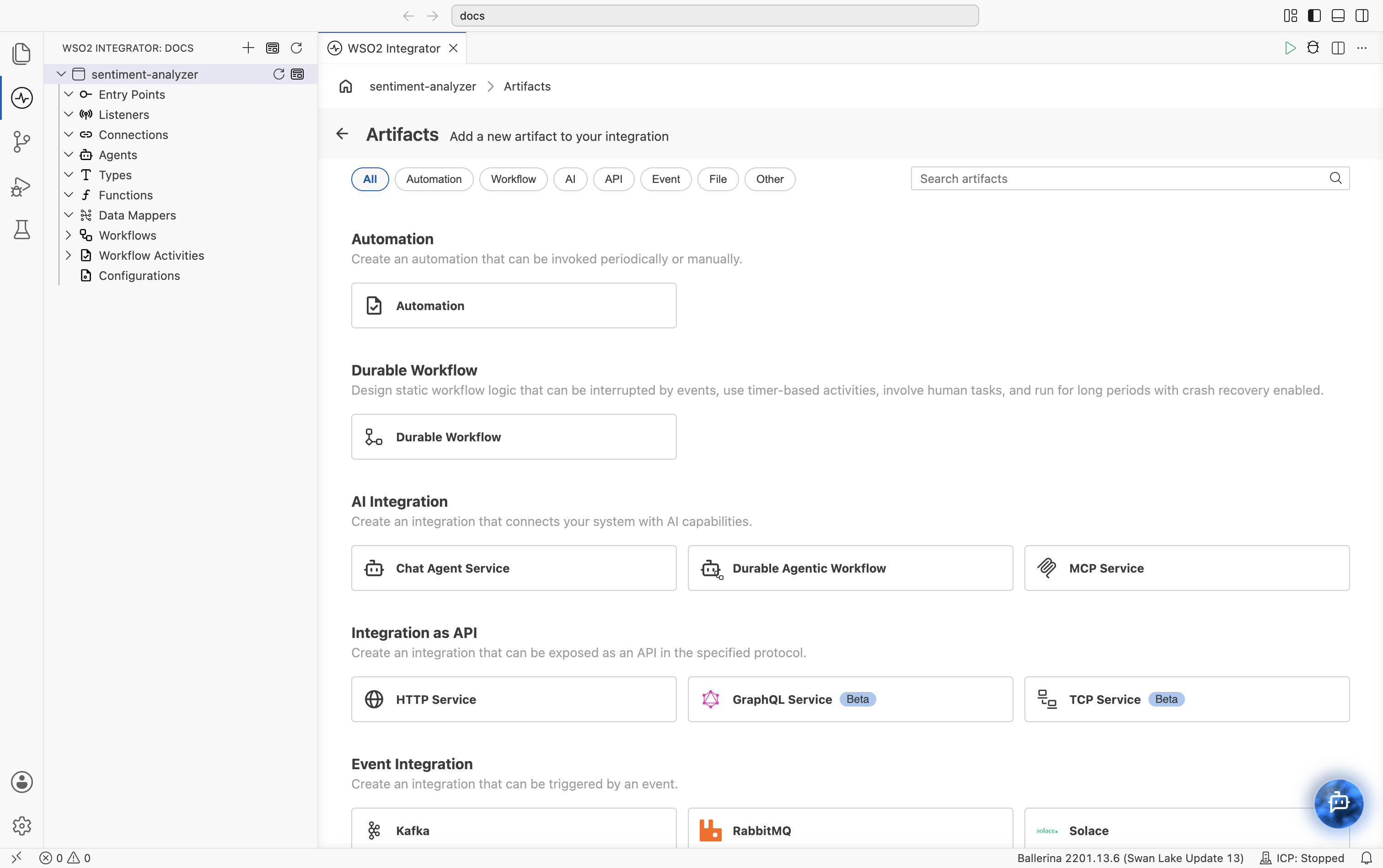 Artifacts page listing artifact types such as Automation, AI Integration, and Integration as API, with HTTP Service highlighted