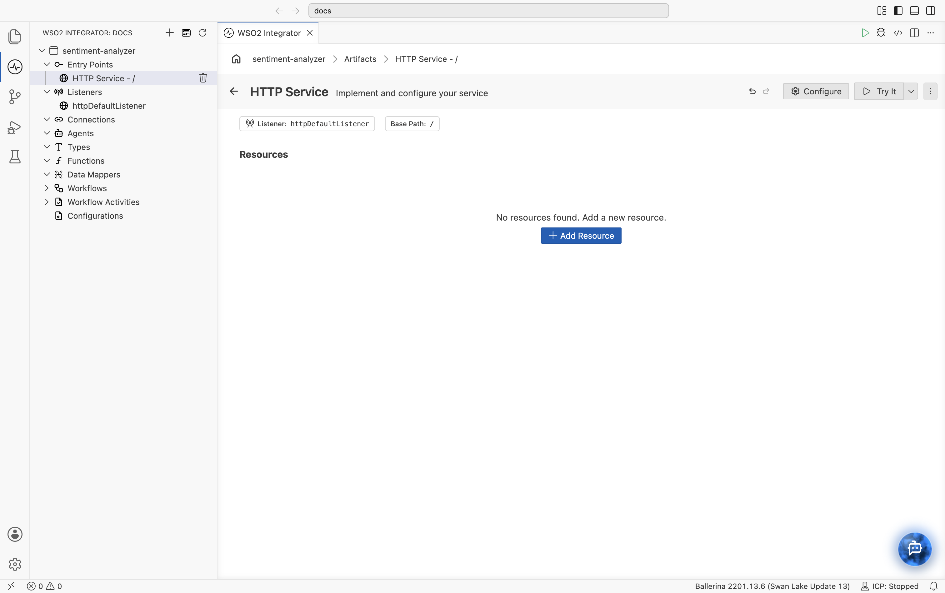 Empty HTTP Service view with base path / and the default listener