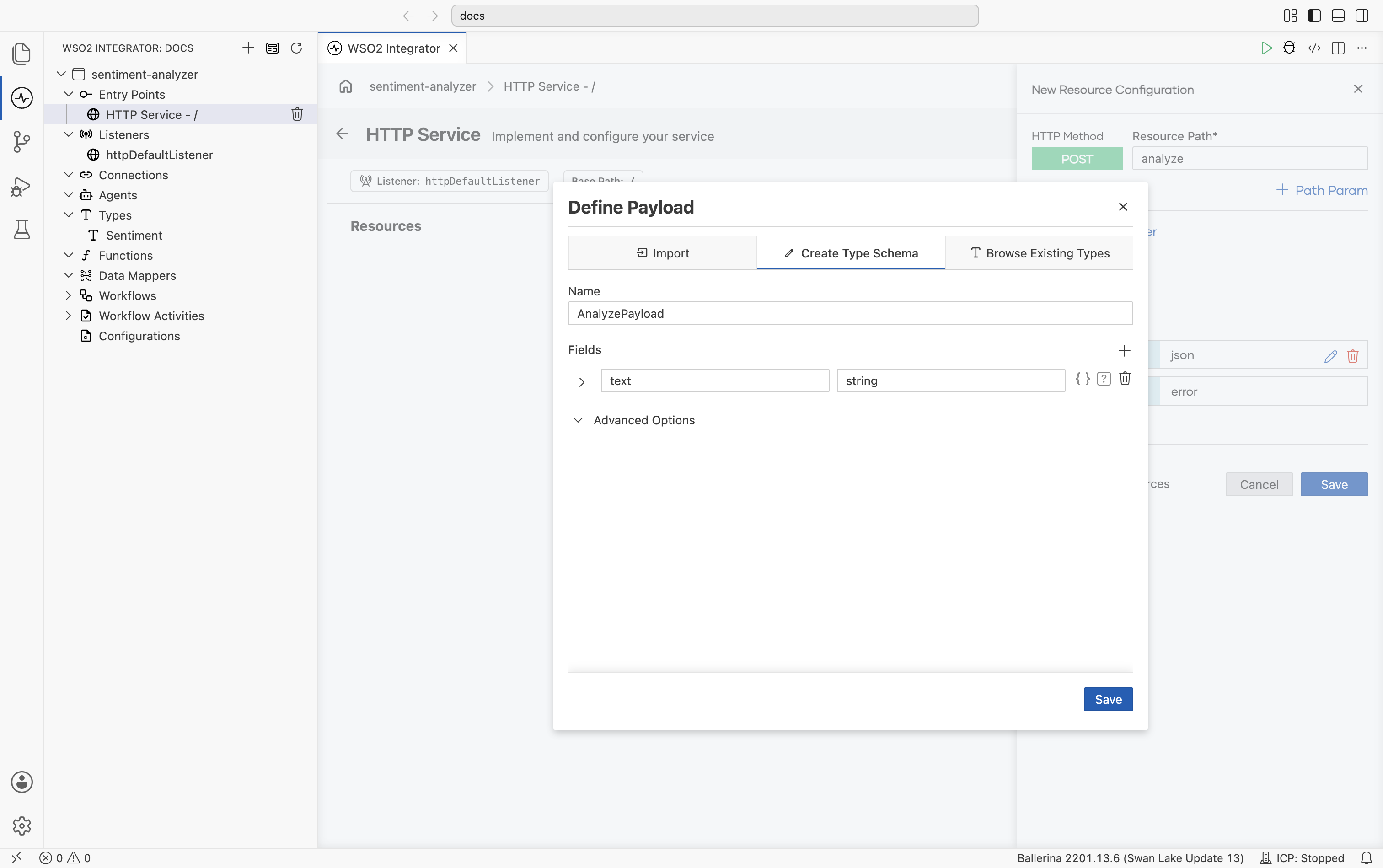 Define Payload popup with Create Type Schema selected, name set to AnalyzePayload, and a text field of type string