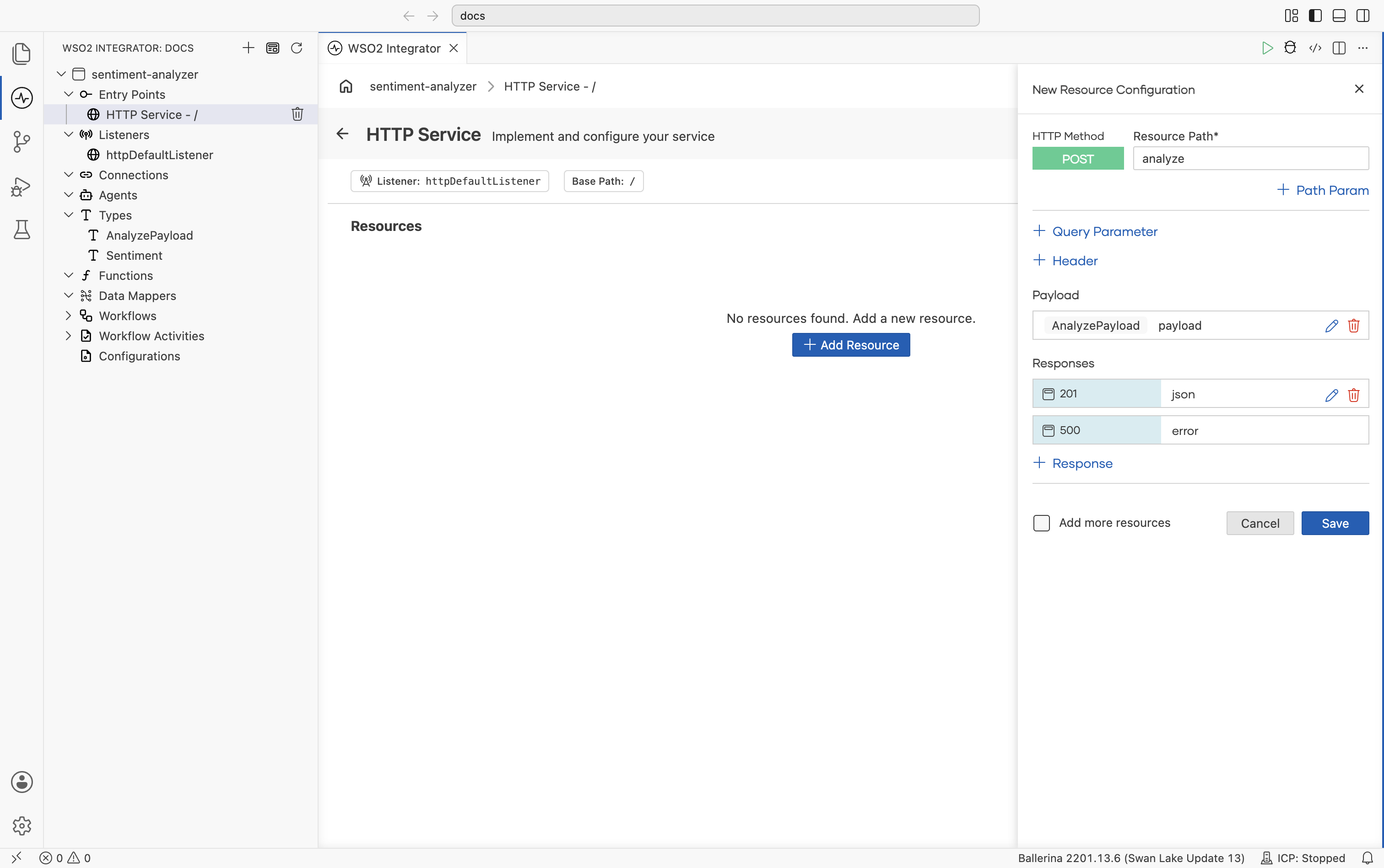 POST analyze resource configured with the AnalyzePayload request body