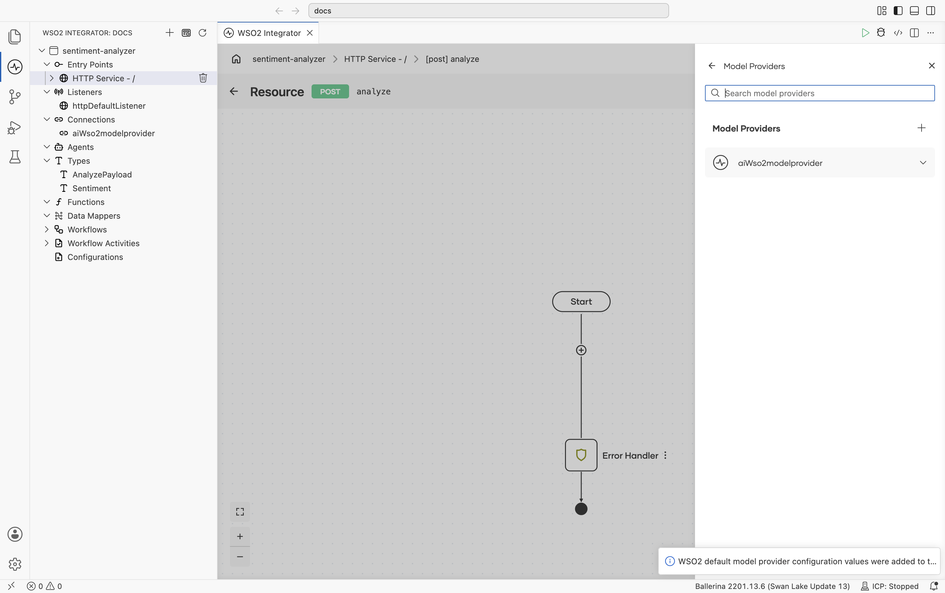 Model Providers panel showing aiWso2modelprovider added to the flow between Start and Error Handler