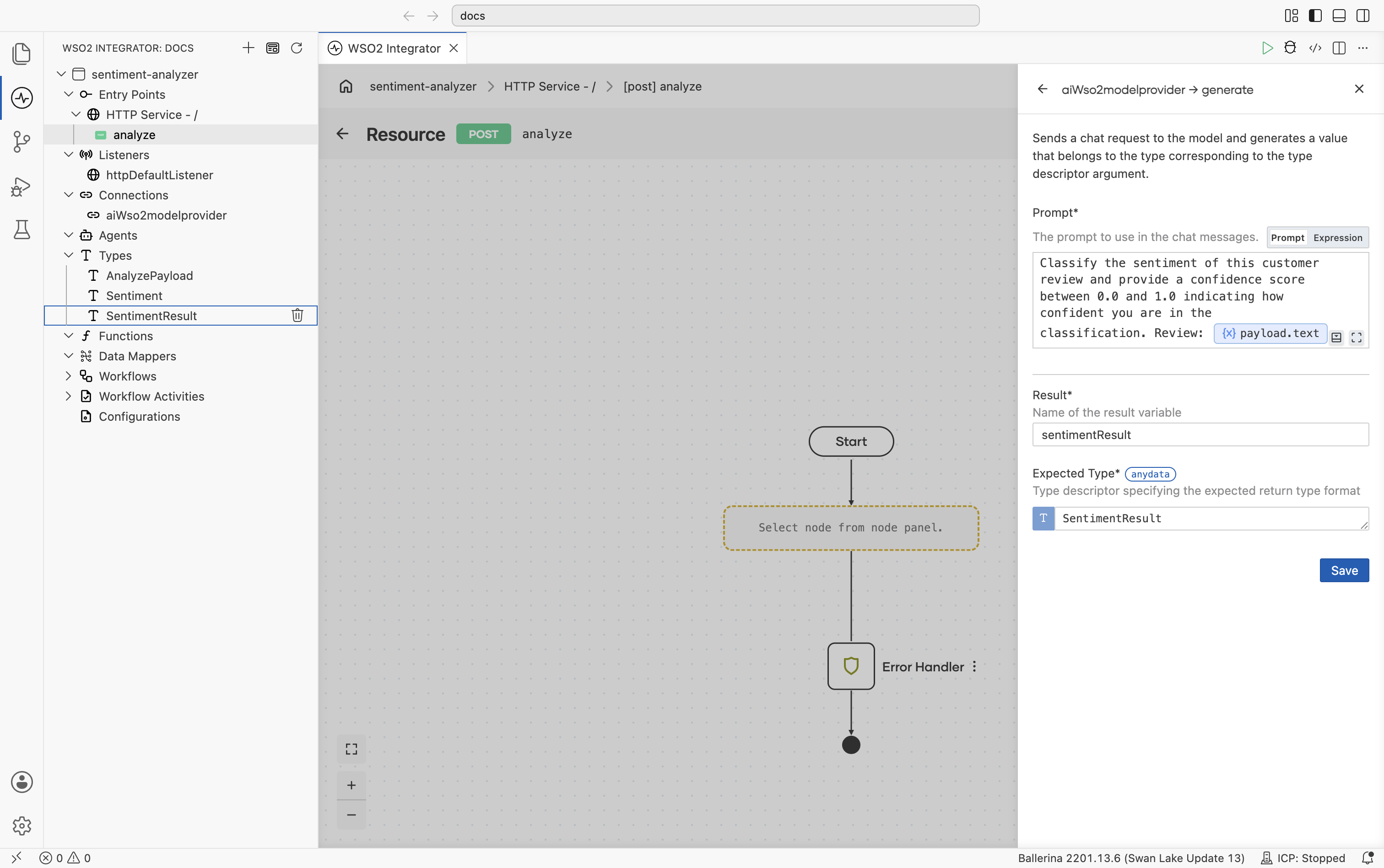 Configuring the generate action with the classification prompt and SentimentResult as the expected return type