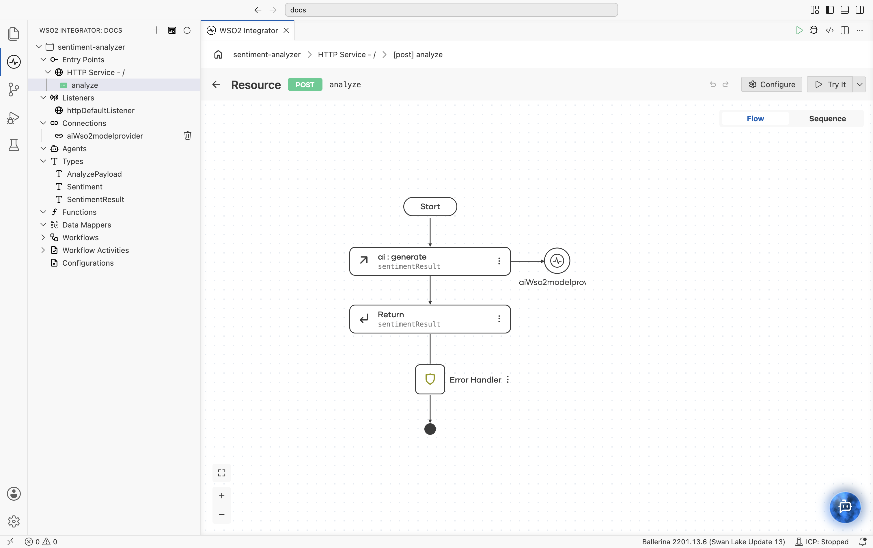 Final flow with Start, ai:generate, Return, the WSO2 model provider connection, and an Error Handler