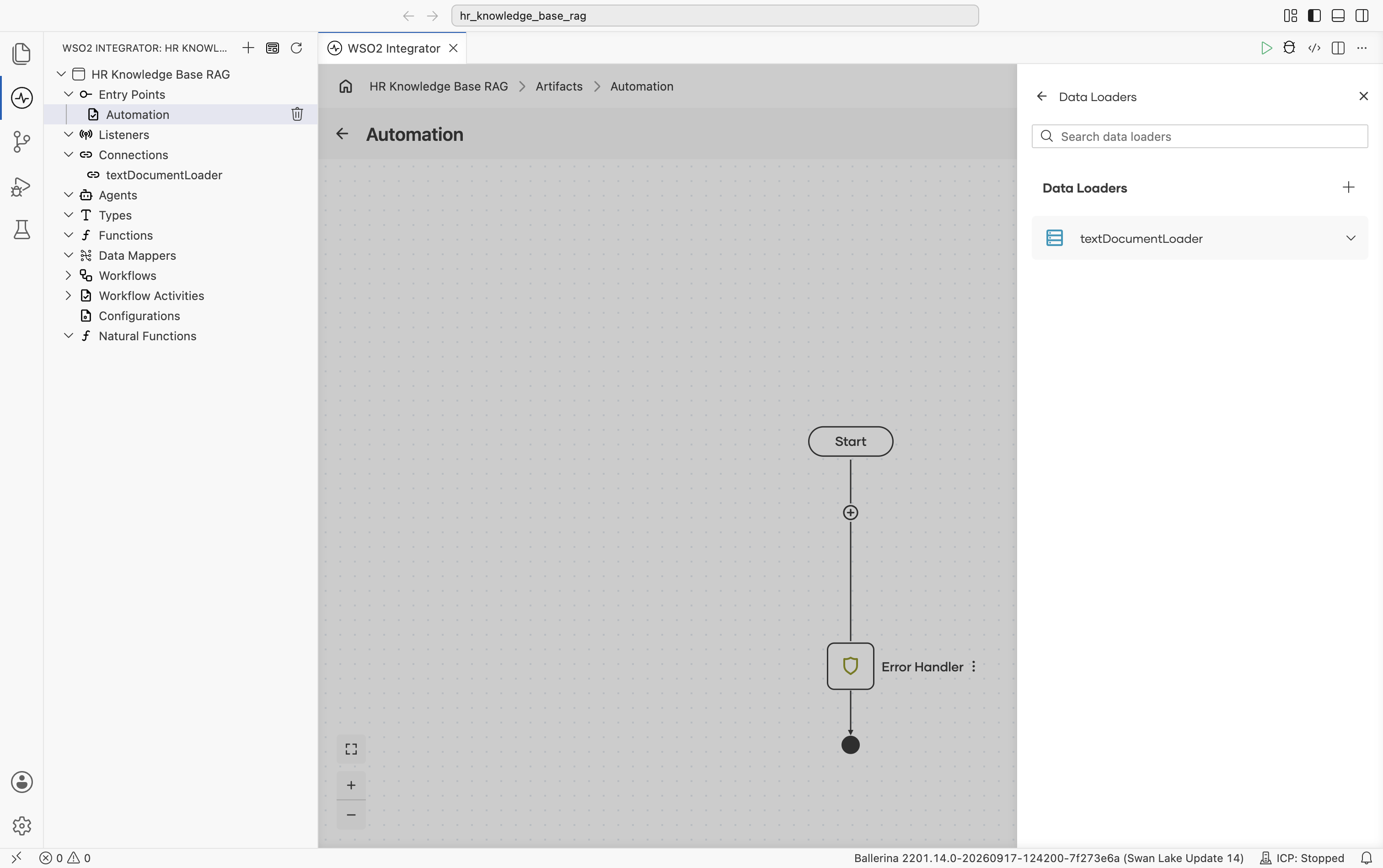 Data Loaders panel with textDocumentLoader