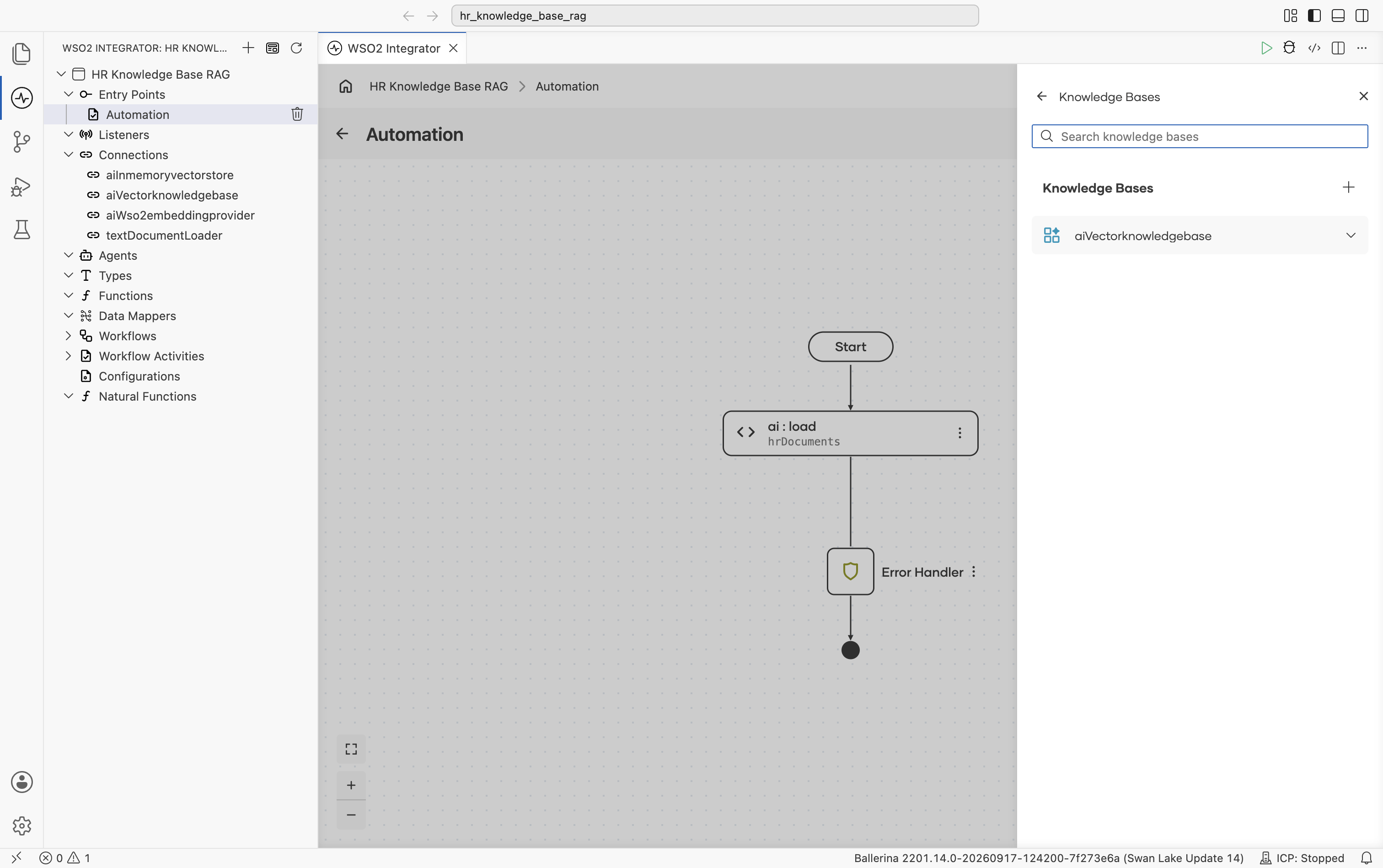 Knowledge Bases panel with aiVectorknowledgebase
