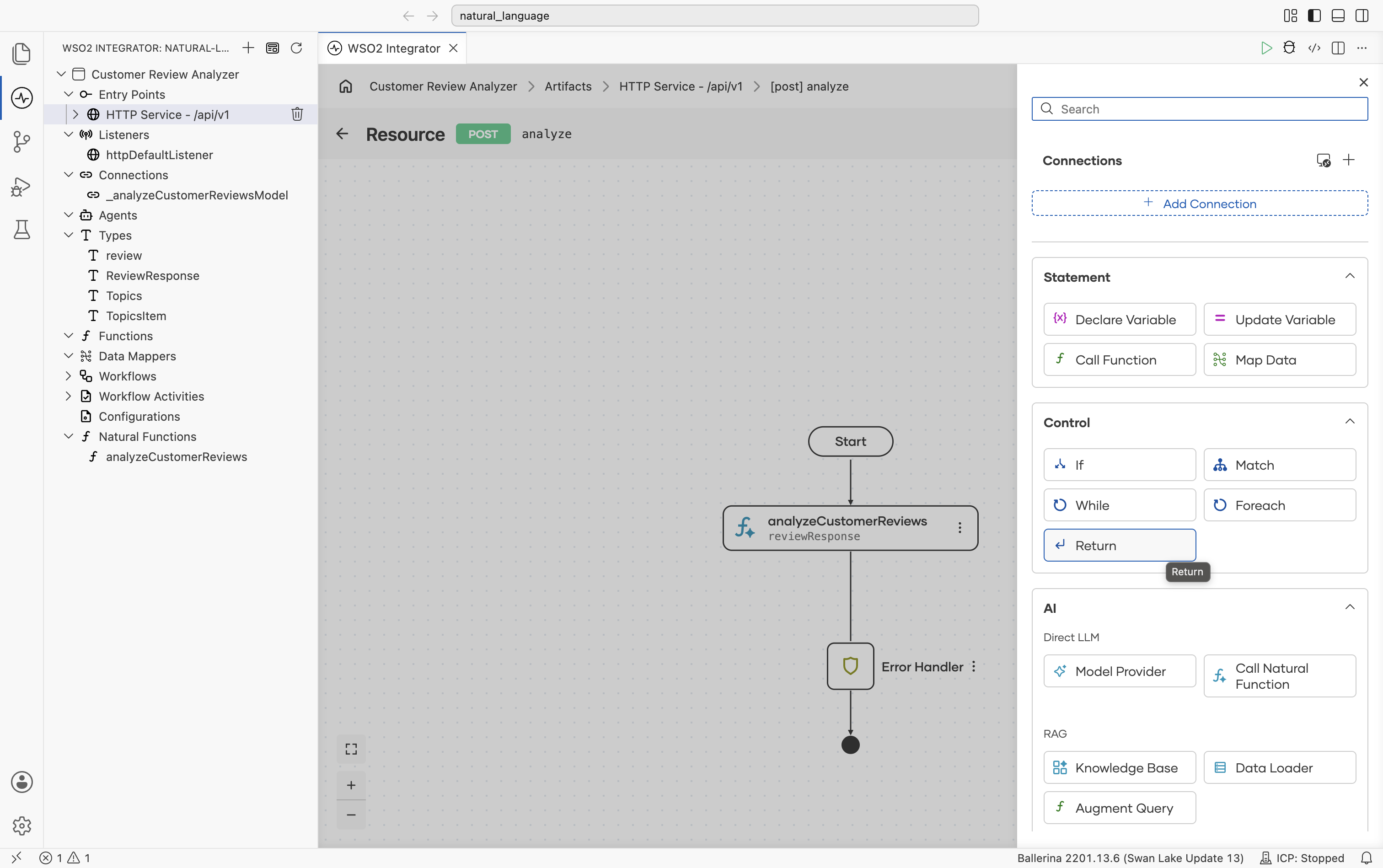 Resource flow with Start, the analyzeCustomerReviews (reviewResponse) node, and Error Handler. The Add Node panel on the right has Return highlighted under Control.